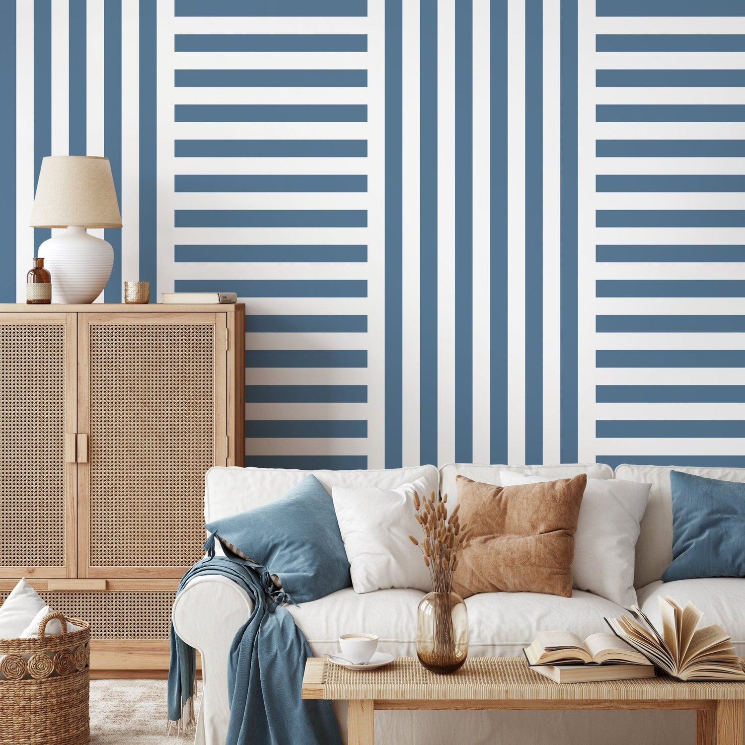 Blue Striped Wallpaper Modern Geometric Wallpaper Peel and Stick and Traditional Wallpaper - D738 - WallTrend