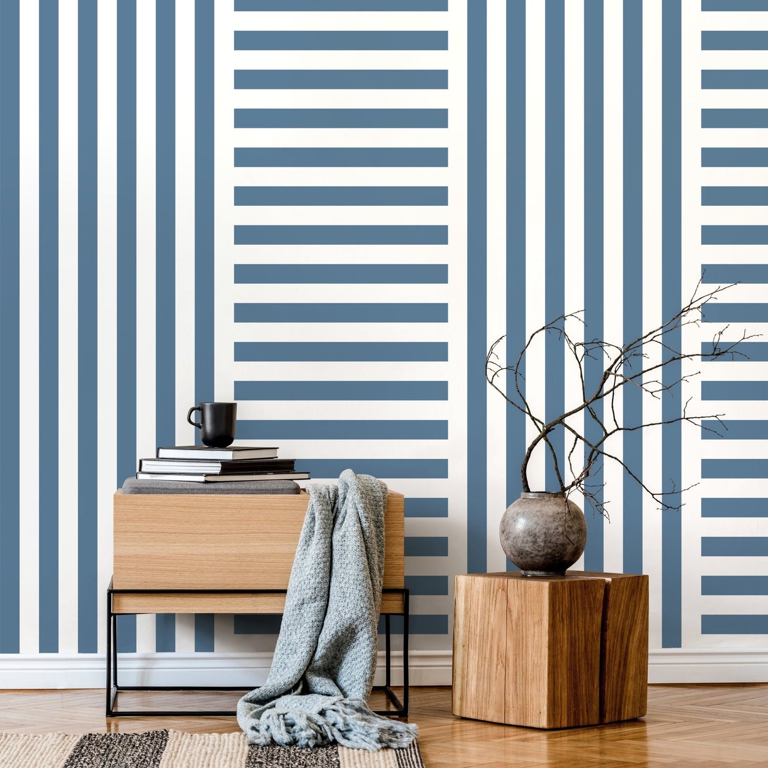 Blue Striped Wallpaper Modern Geometric Wallpaper Peel and Stick and Traditional Wallpaper - D738 - WallTrend