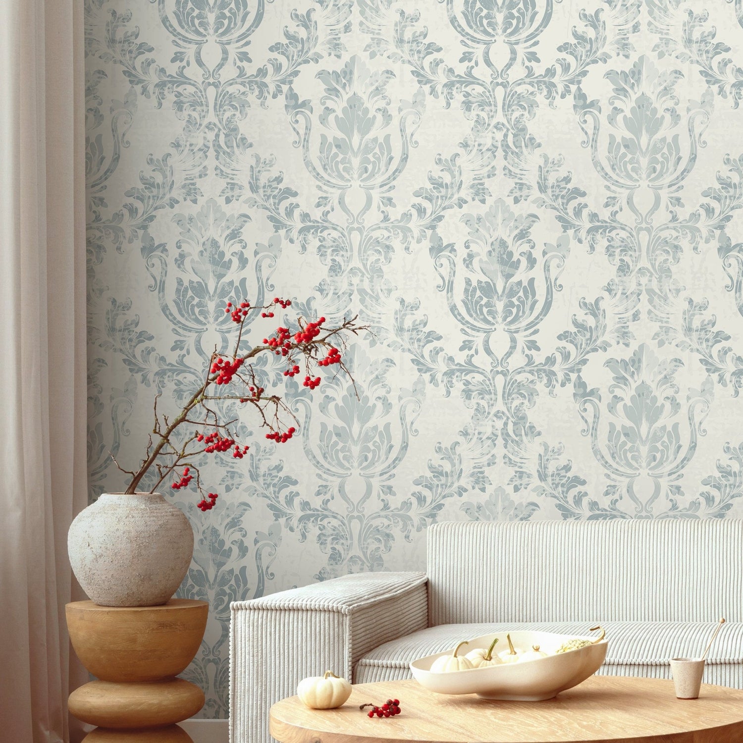 Blue Vintage Damask Wallpaper Peel and Stick and Traditional Wallpaper - A650 - WallTrend