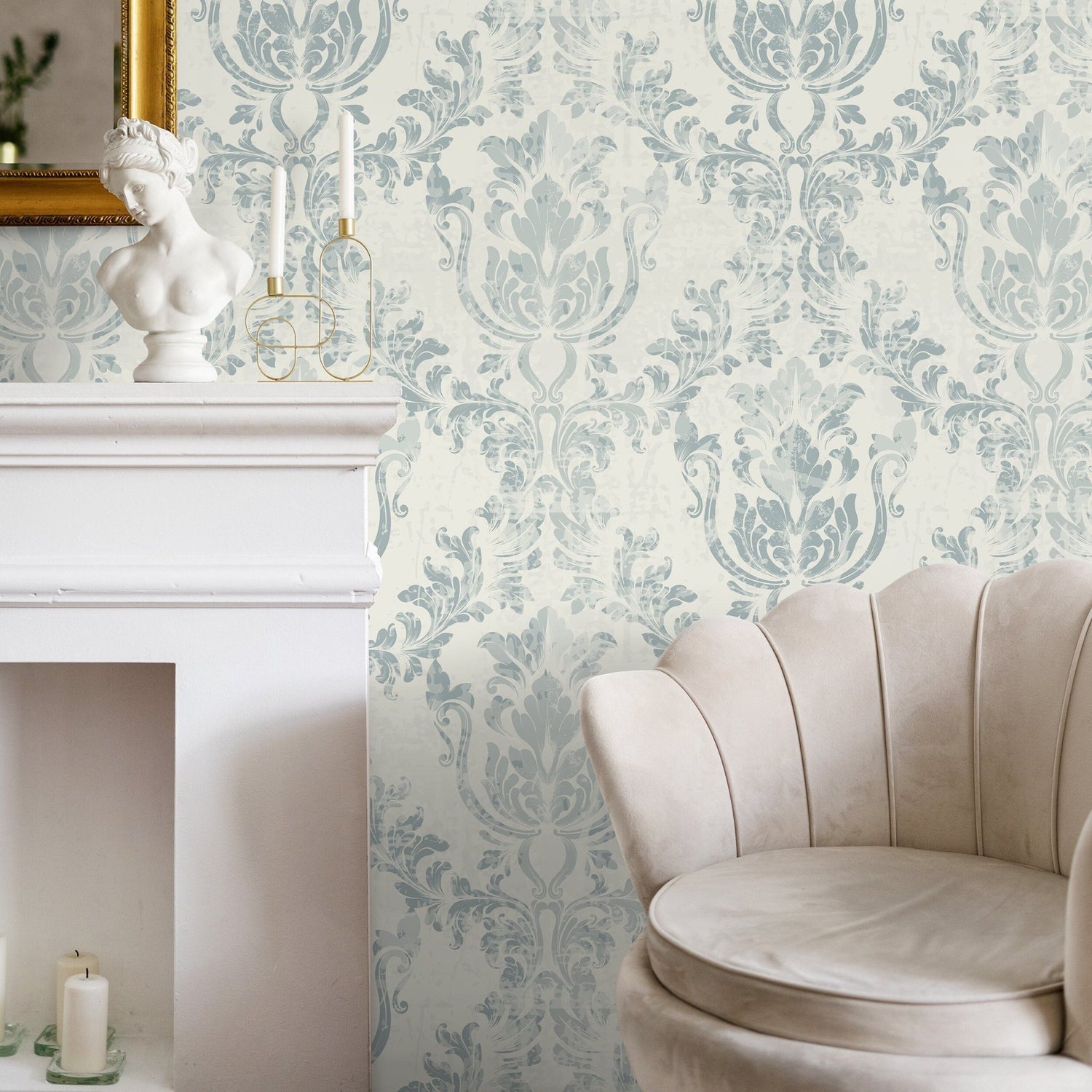 Blue Vintage Damask Wallpaper Peel and Stick and Traditional Wallpaper - A650 - WallTrend