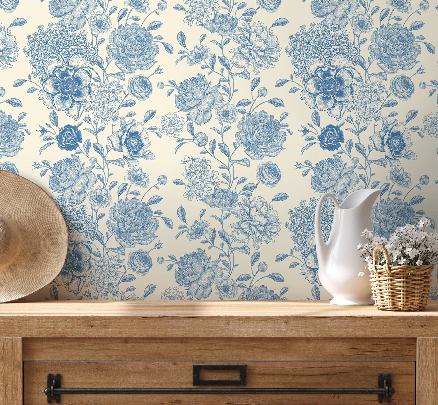 Blue Vintage Floral Wallpaper / Peel and Stick Wallpaper Removable Wallpaper Home Decor Wall Art Wall Decor Room Decor - D052 - WallTrend