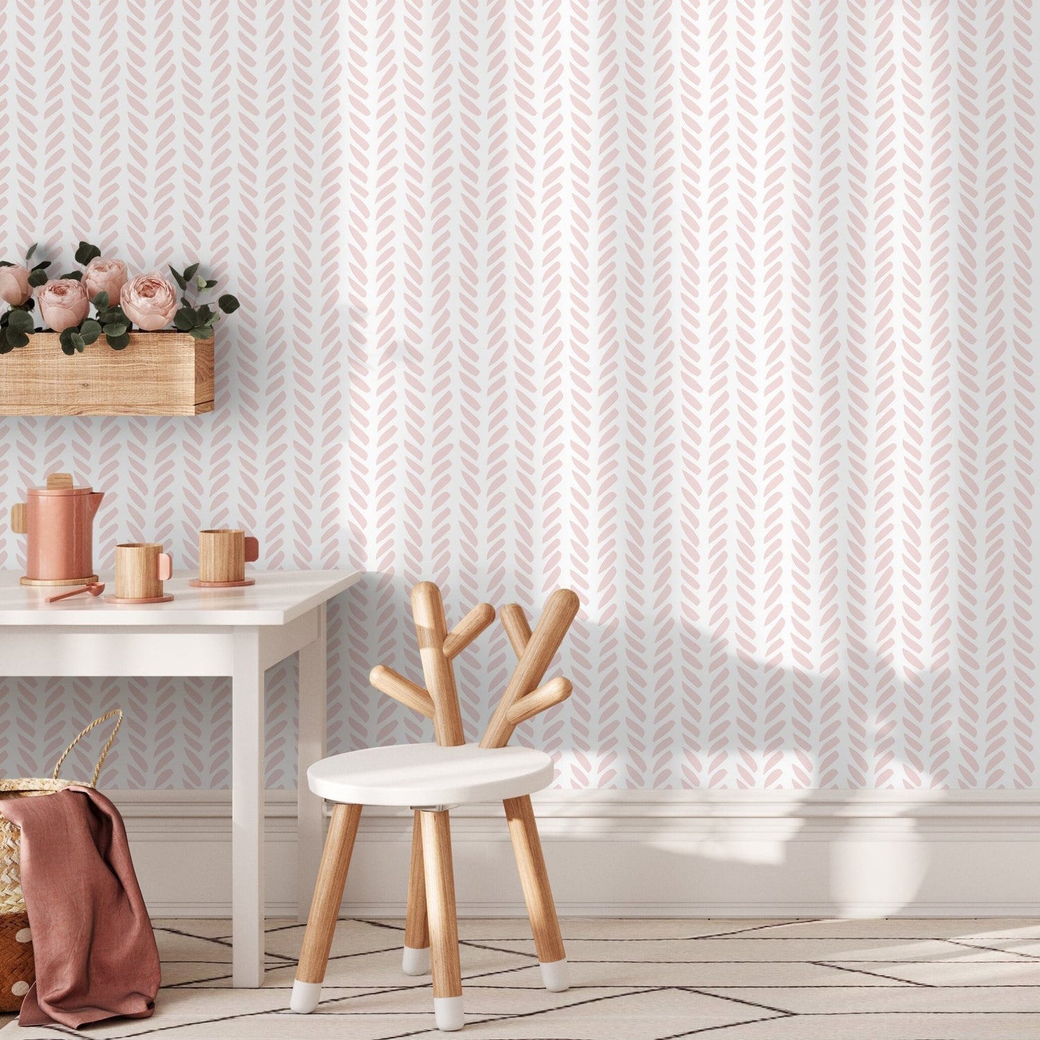 Boho Herringbone in Soft Pink Wallpaper Removable and Repositionable Peel and Stick or Traditional Pre - pasted Wallpaper - ZADB - WallTrend