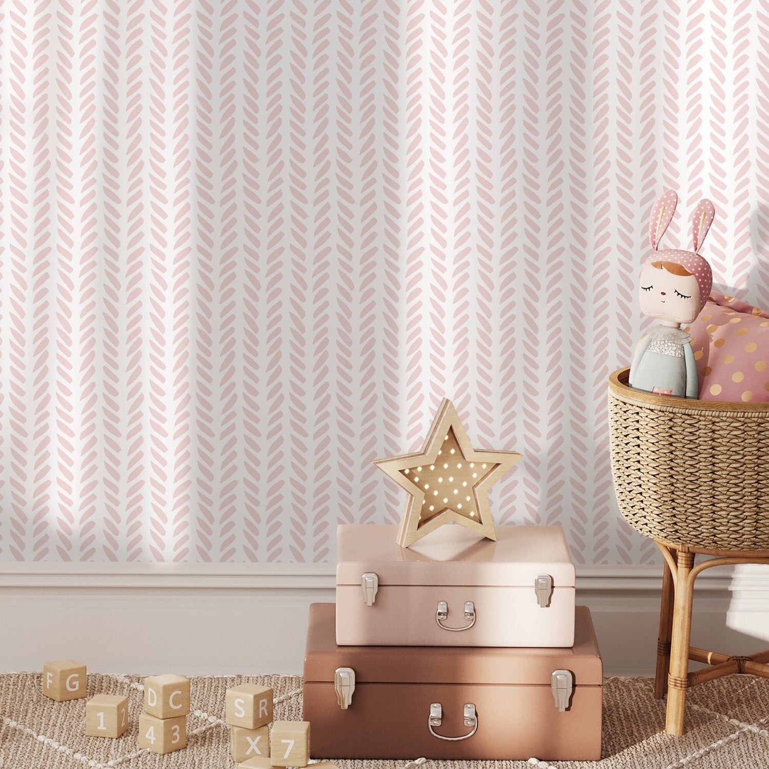 Boho Herringbone in Soft Pink Wallpaper Removable and Repositionable Peel and Stick or Traditional Pre - pasted Wallpaper - ZADB - WallTrend