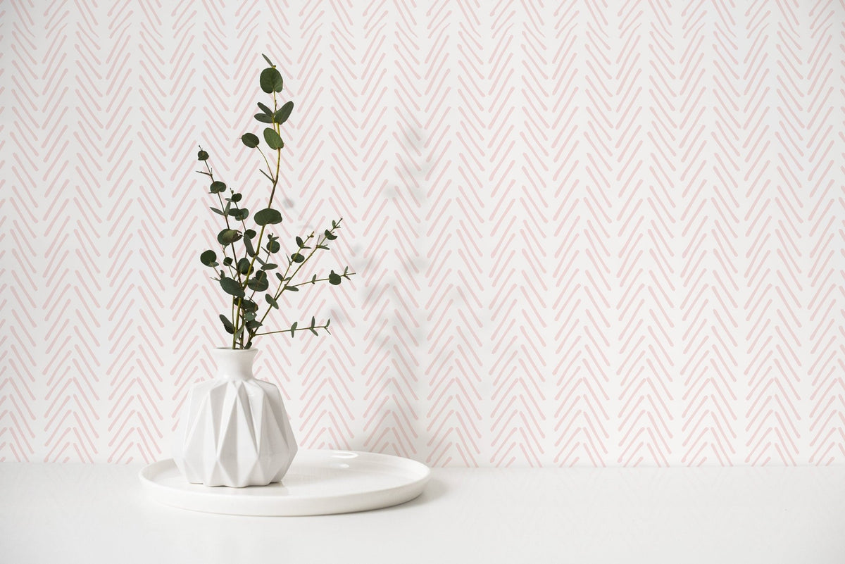 Boho Herringbone in Soft Pink Wallpaper Removable and Repositionable Peel and Stick or Traditional Pre - pasted Wallpaper - ZADW - WallTrend