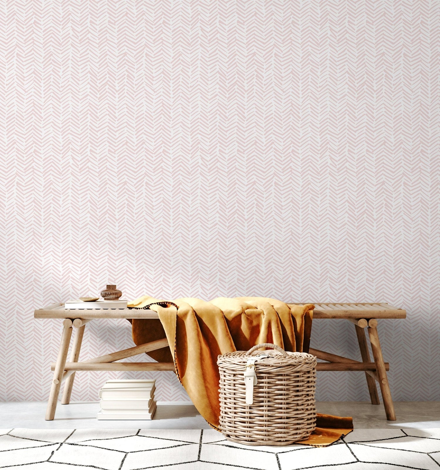 Boho Herringbone in Soft Pink Wallpaper Removable and Repositionable Peel and Stick or Traditional Pre - pasted Wallpaper - ZADY - WallTrend