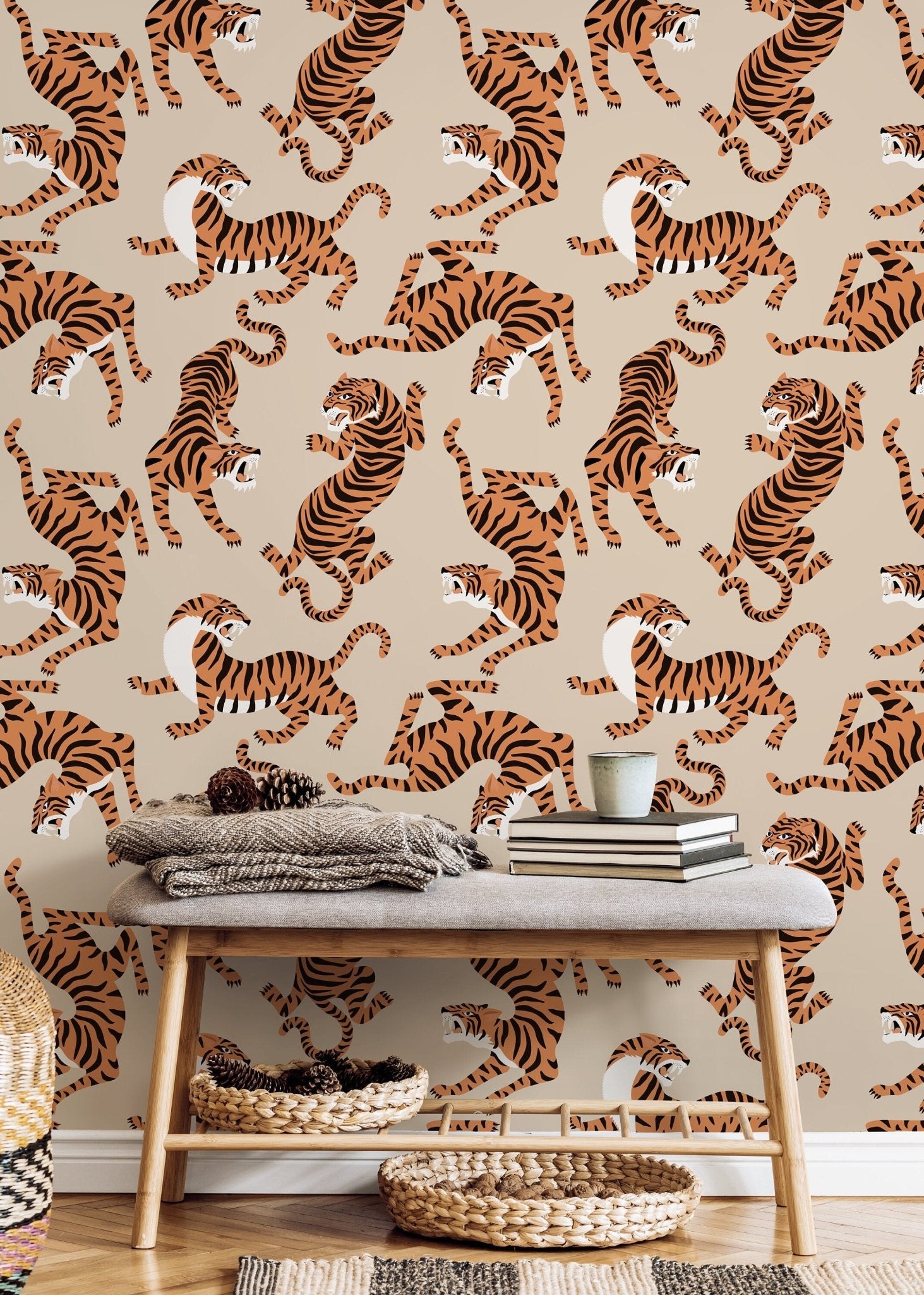 Boho Neutral Tiger Wallpaper Removable Peel and Stick Wallpaper, Animal Print Repositionable Peel and Stick Wallpaper - ZACK - WallTrend