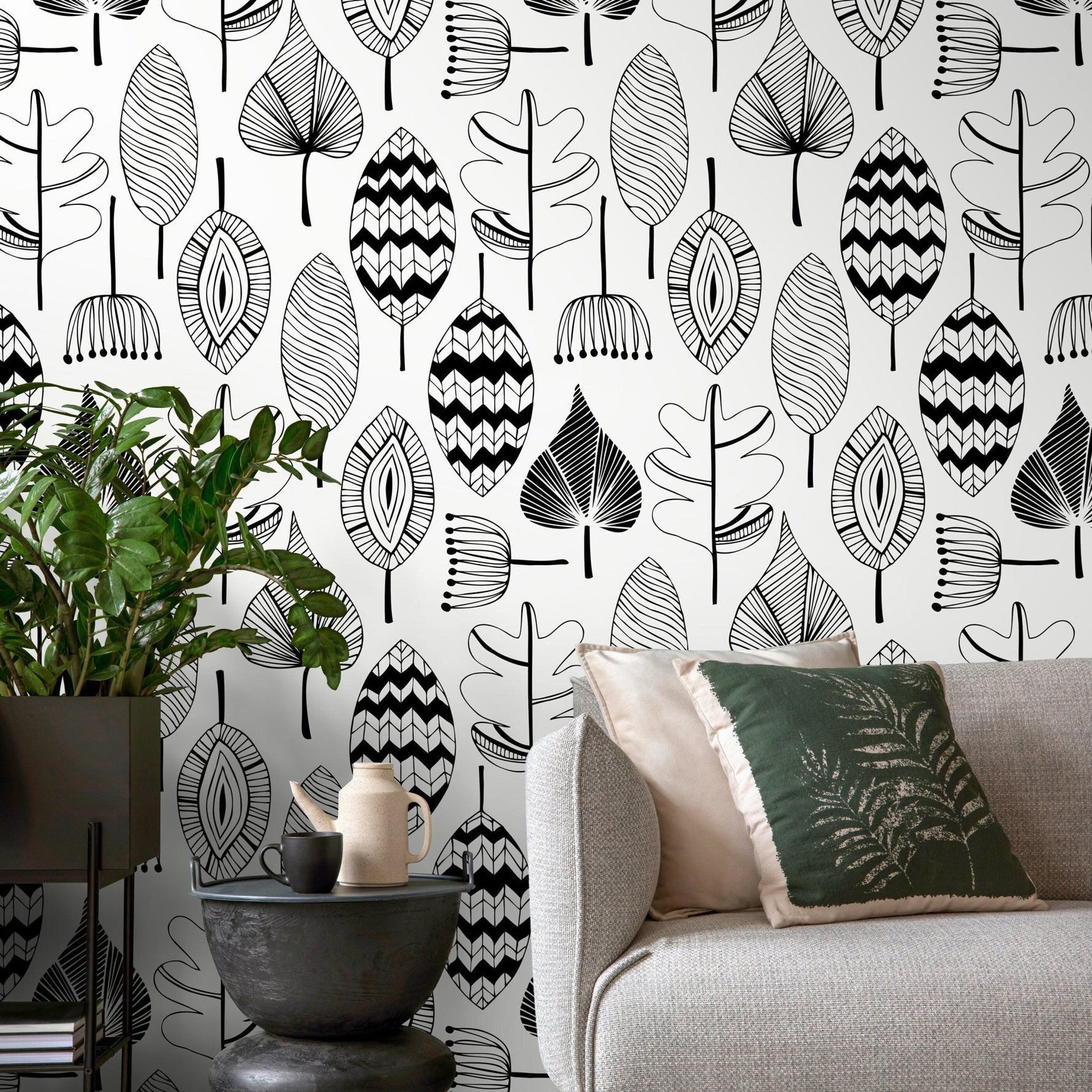 Botanical Leaf Illustration Wallpaper - A411 - WallTrend