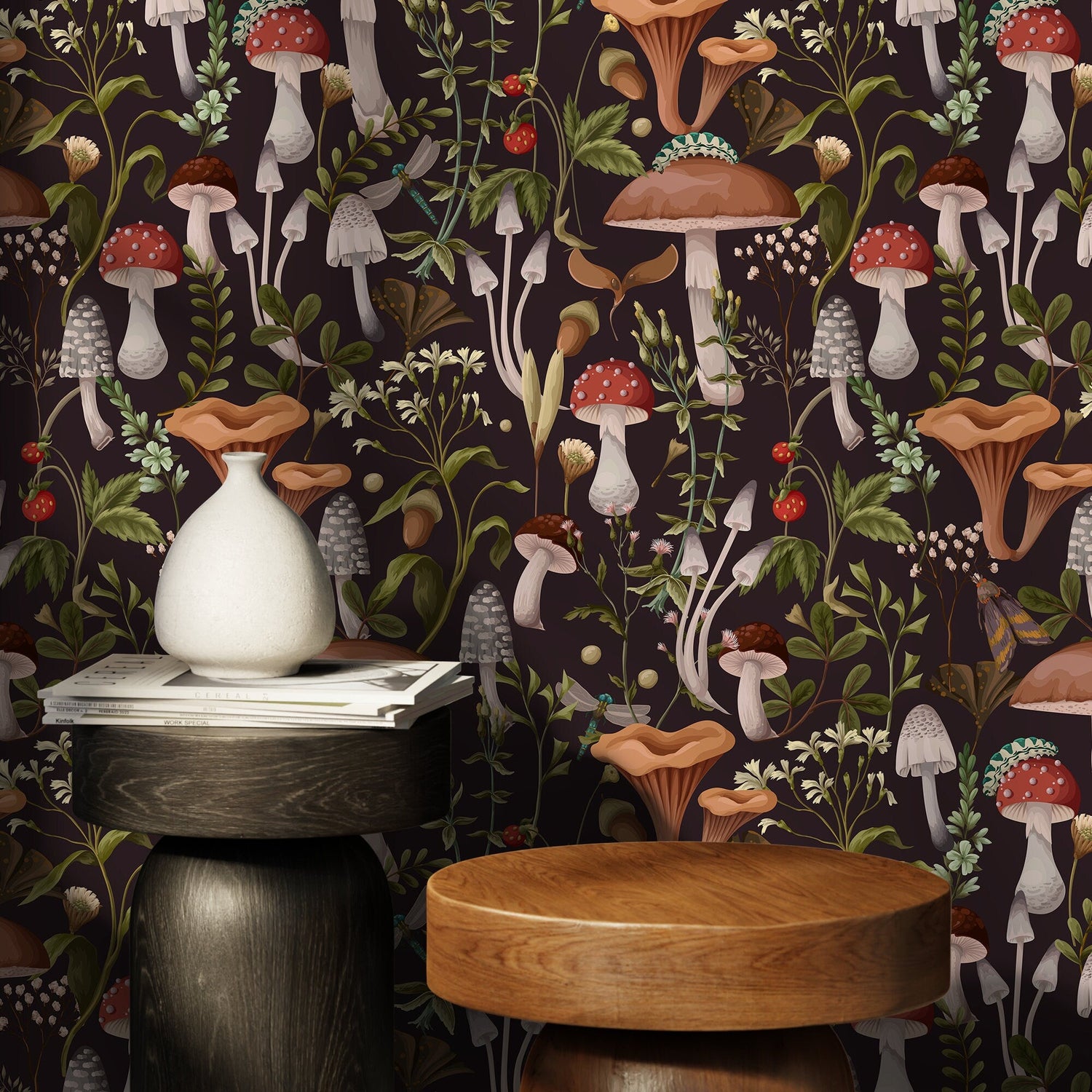 Botanical Mushroom Wallpaper Dark Floral Wallpaper Peel and Stick and Traditional Wallpaper - D816 - WallTrend