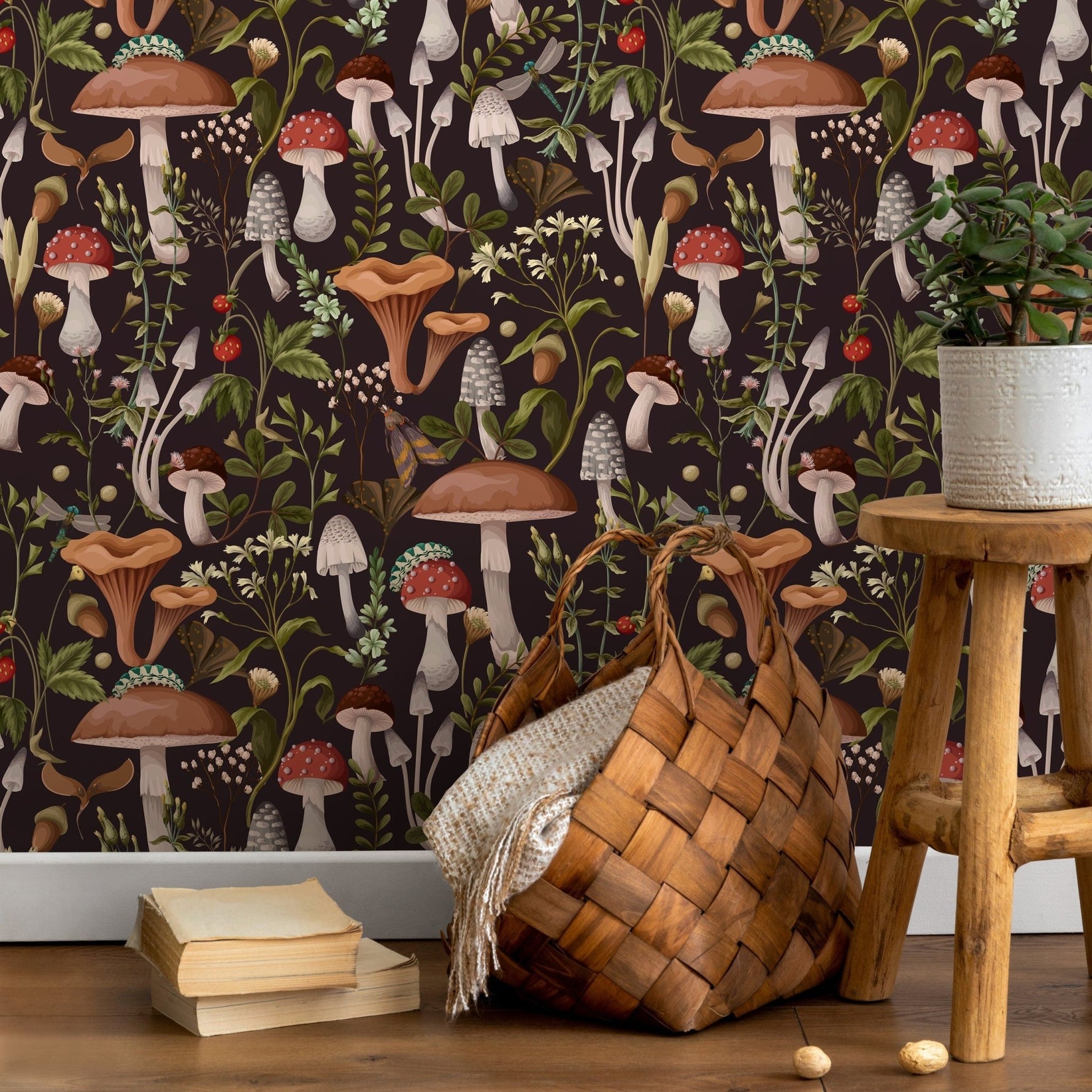 Botanical Mushroom Wallpaper Dark Floral Wallpaper Peel and Stick and Traditional Wallpaper - D816 - WallTrend