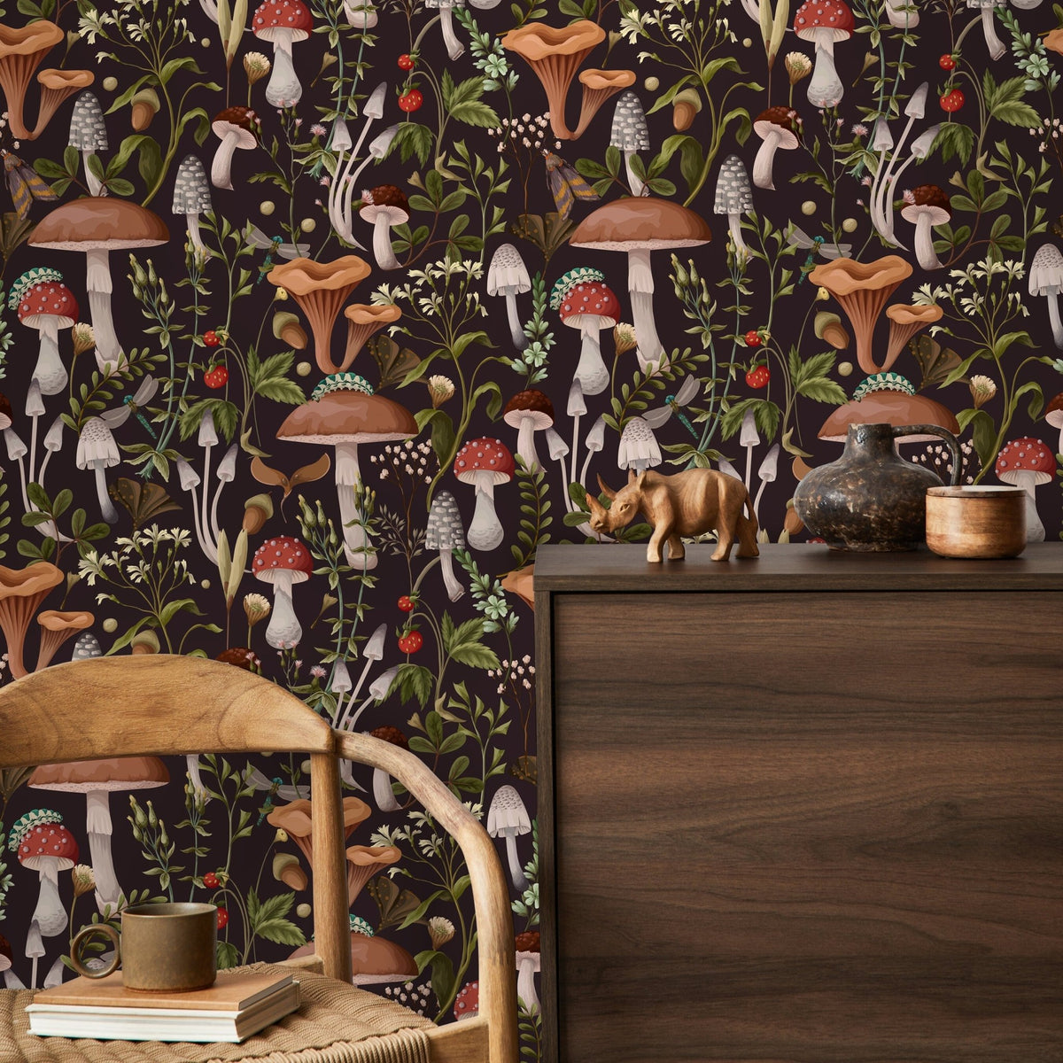 Botanical Mushroom Wallpaper Dark Floral Wallpaper Peel and Stick and Traditional Wallpaper - D816 - WallTrend