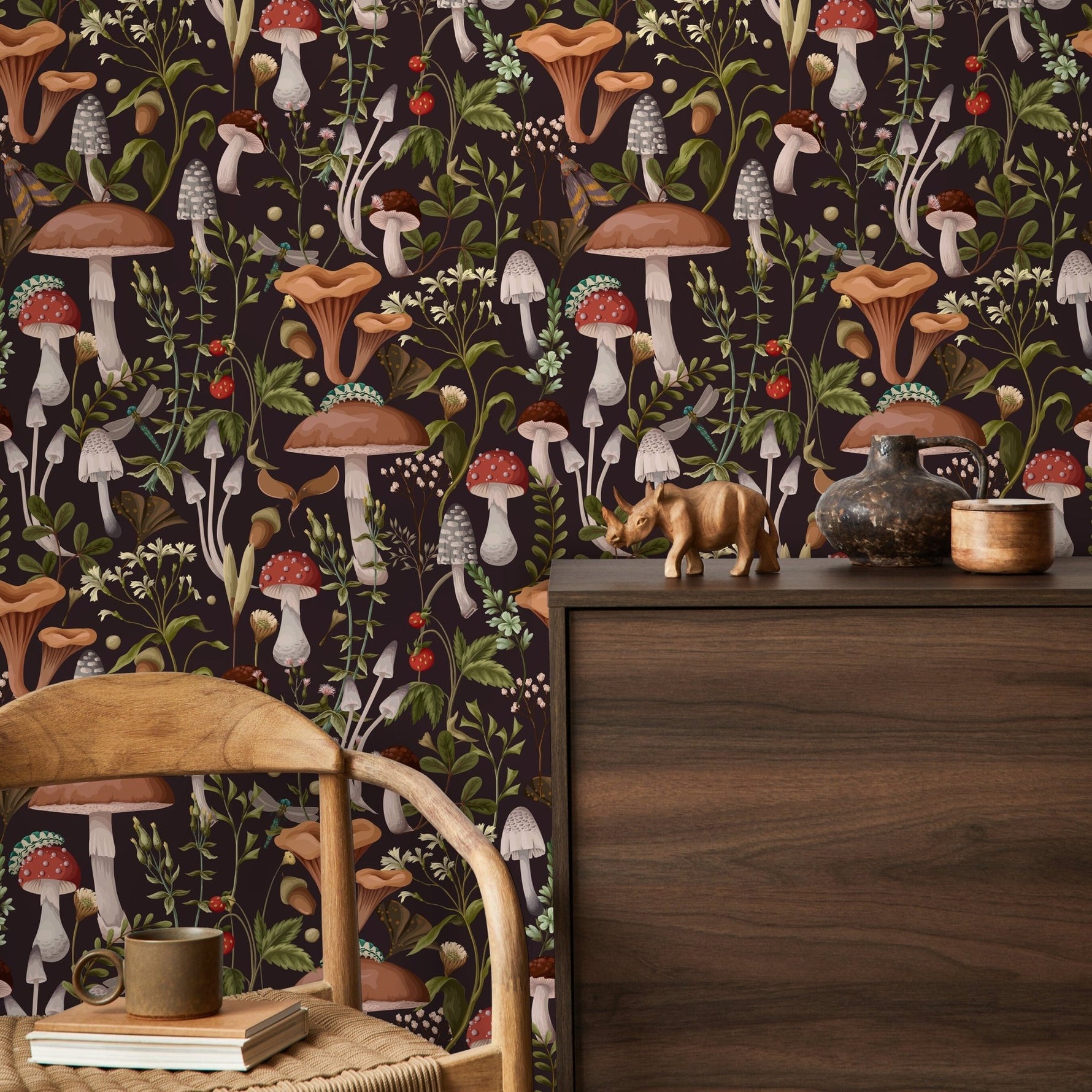 Botanical Mushroom Wallpaper Dark Floral Wallpaper Peel and Stick and Traditional Wallpaper - D816 - WallTrend