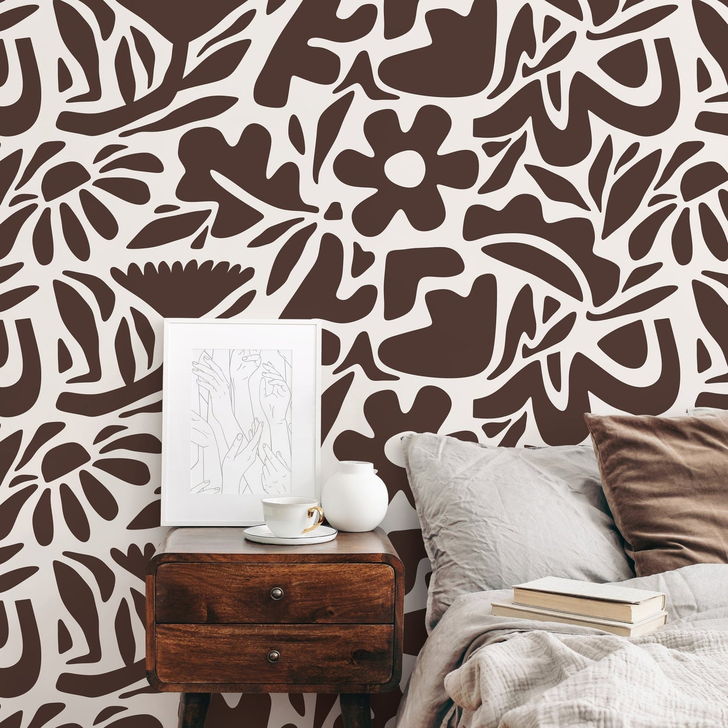 Brown Abstract Wallpaper Boho Floral Wallpaper Peel and Stick and Traditional Wallpaper - D673 - WallTrend