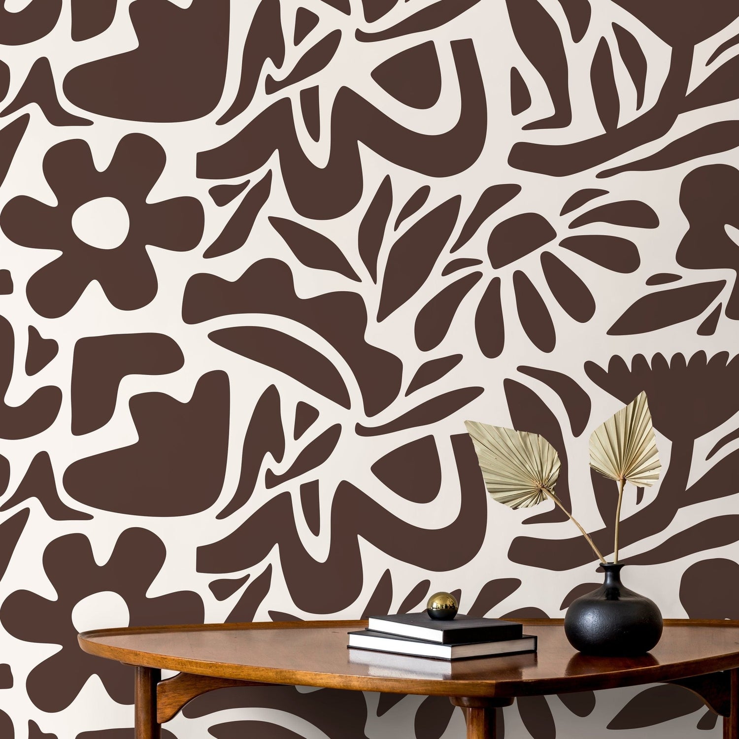 Brown Abstract Wallpaper Boho Floral Wallpaper Peel and Stick and Traditional Wallpaper - D673 - WallTrend