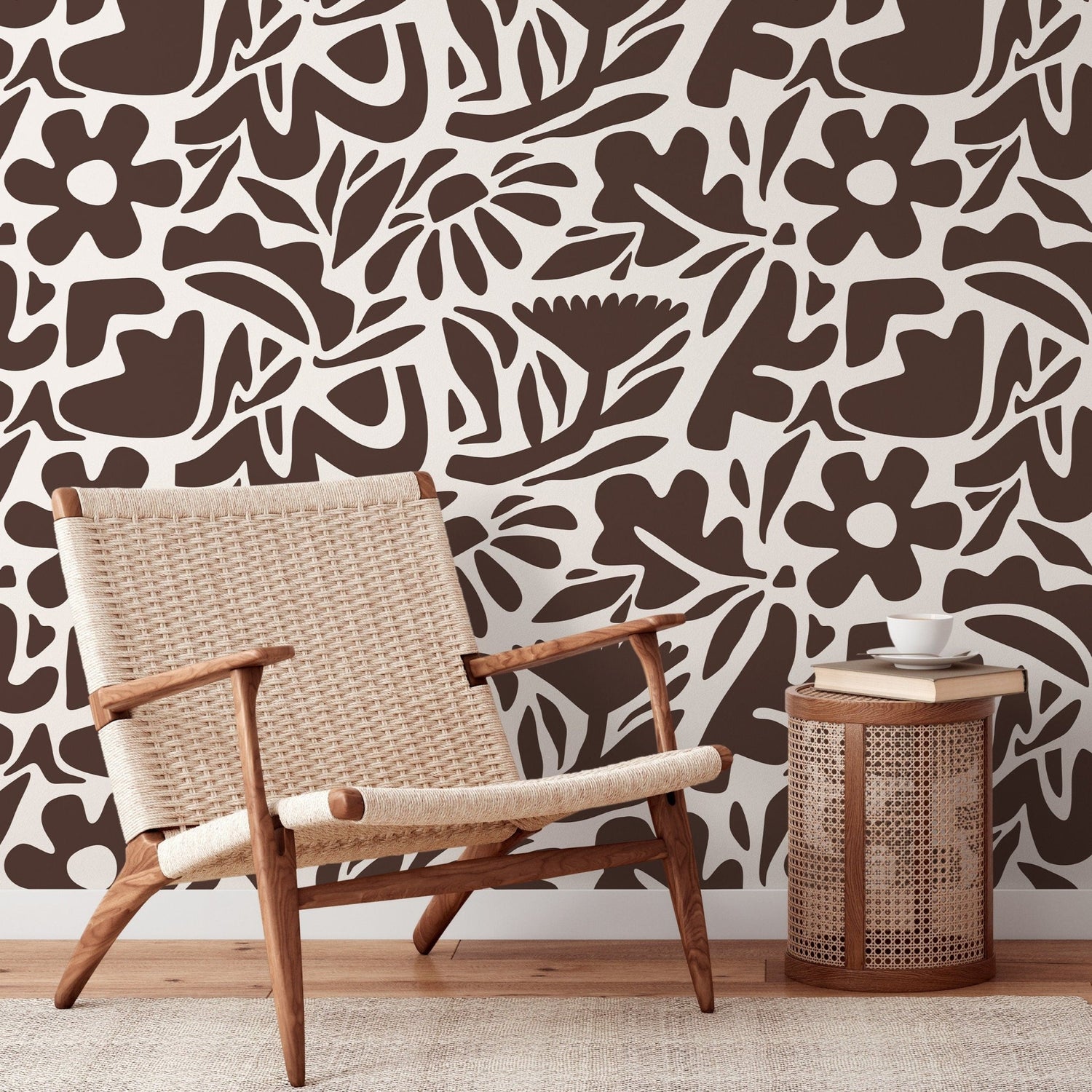 Brown Abstract Wallpaper Boho Floral Wallpaper Peel and Stick and Traditional Wallpaper - D673 - WallTrend