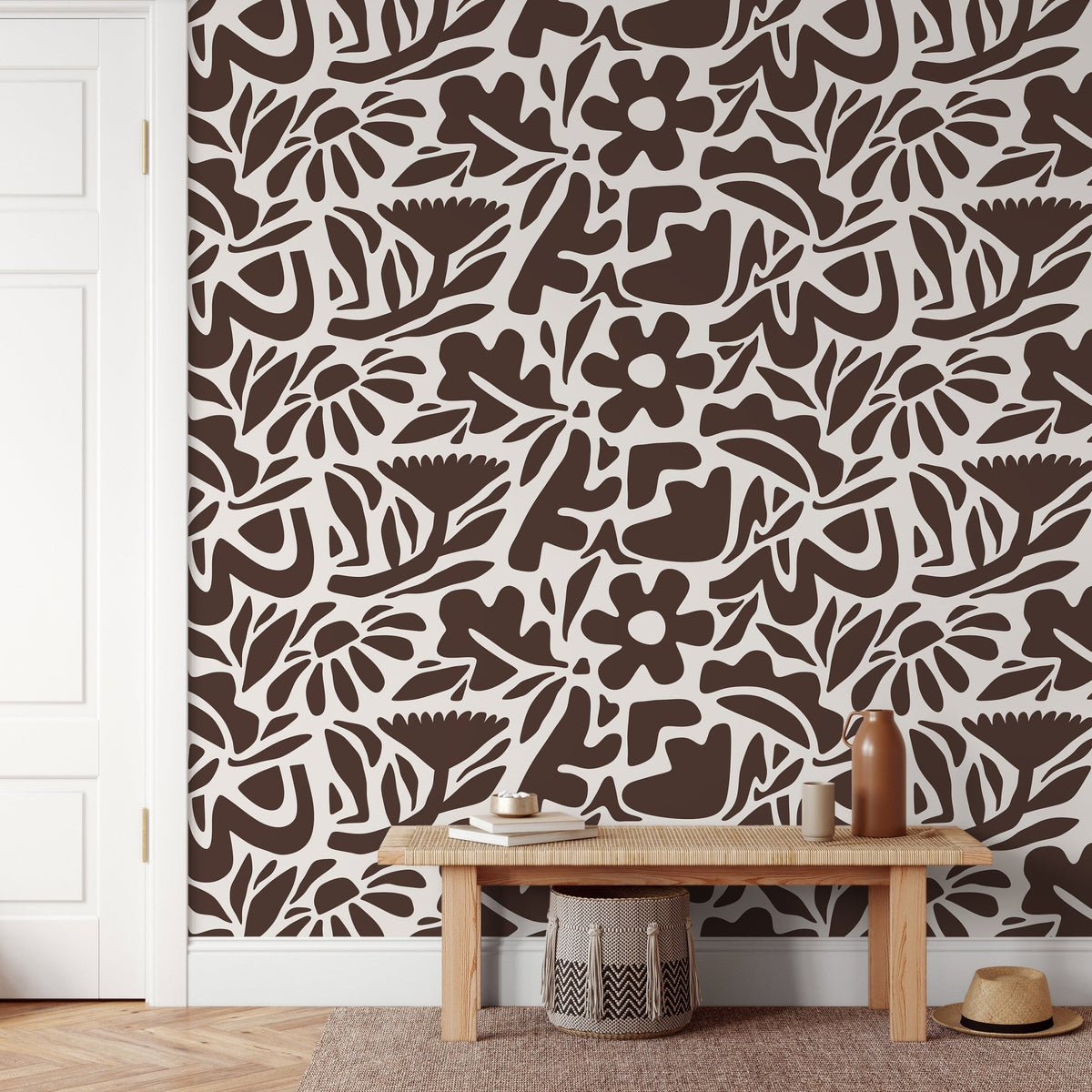 Brown Abstract Wallpaper Boho Floral Wallpaper Peel and Stick and Traditional Wallpaper - D673 - WallTrend