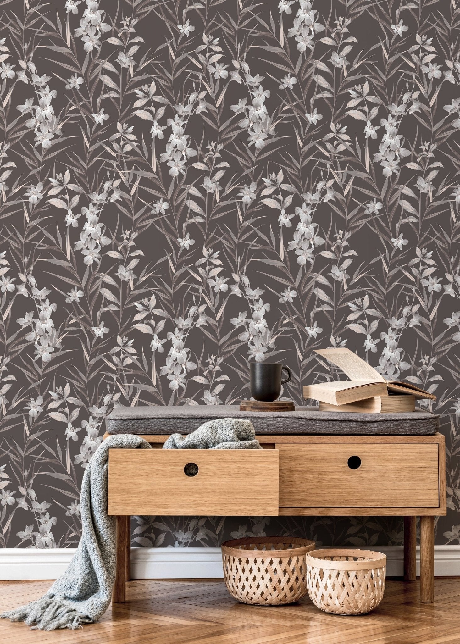 Brown Botanical Floral Wallpaper / Peel and Stick Wallpaper Removable Wallpaper Home Decor Wall Art Wall Decor Room Decor - D033 - WallTrend