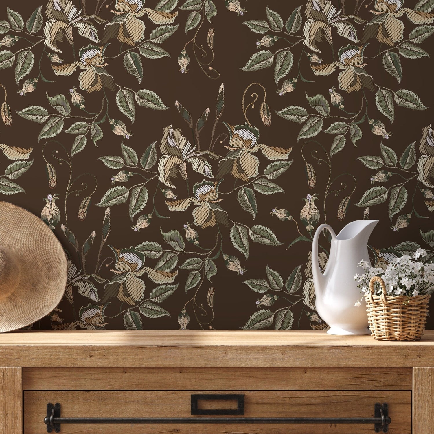 Brown Floral Wallpaper Vintage Garden Wallpaper Peel and Stick and Traditional Wallpaper - D870 - WallTrend