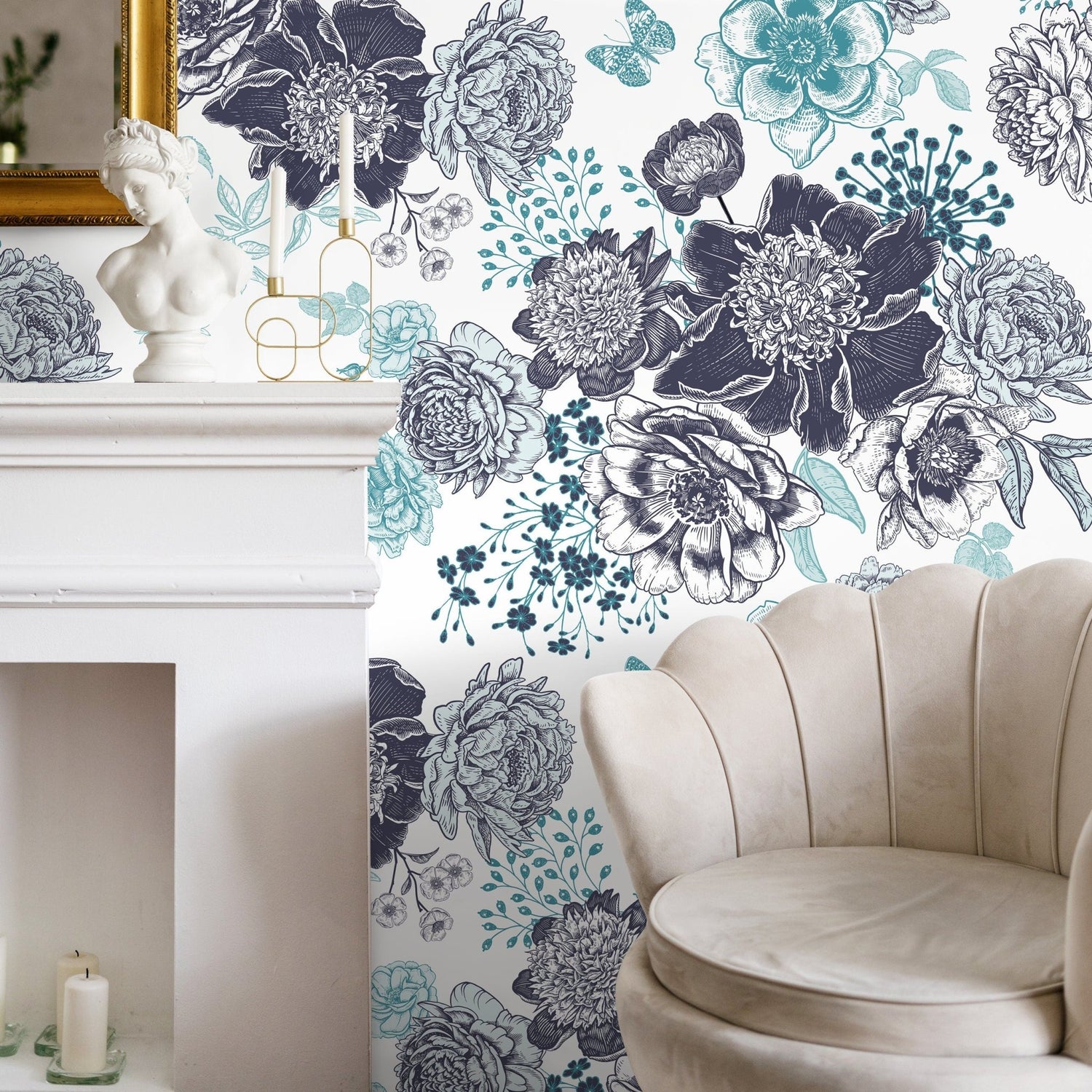 Butterfly and Floral Wallpaper Blue Vintage Wallpaper Peel and Stick and Traditional Wallpaper - A920 - WallTrend