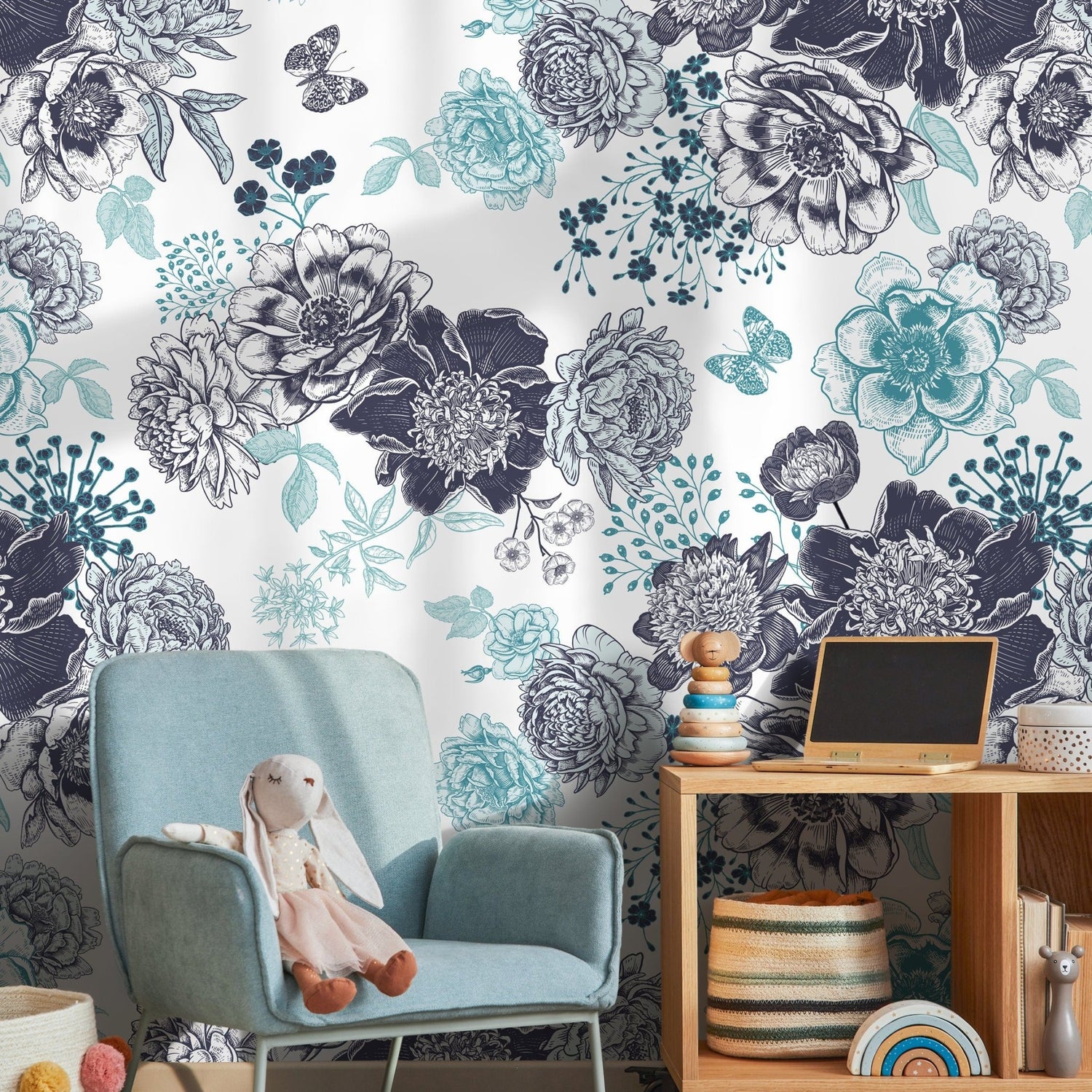 Butterfly and Floral Wallpaper Blue Vintage Wallpaper Peel and Stick and Traditional Wallpaper - A920 - WallTrend