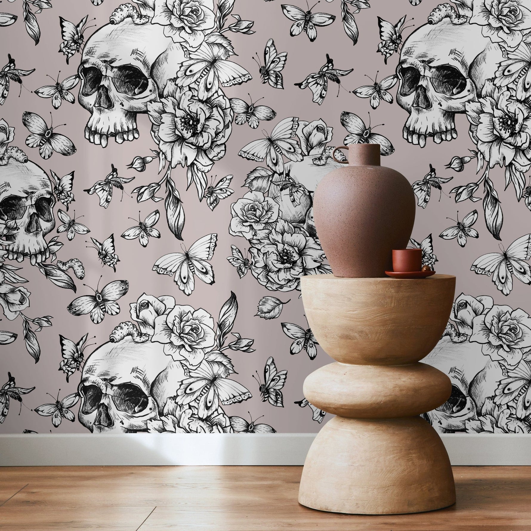 Butterfly and Skull Wallpaper Vintage Floral Wallpaper Peel and Stick and Traditional Wallpaper - D928 - WallTrend