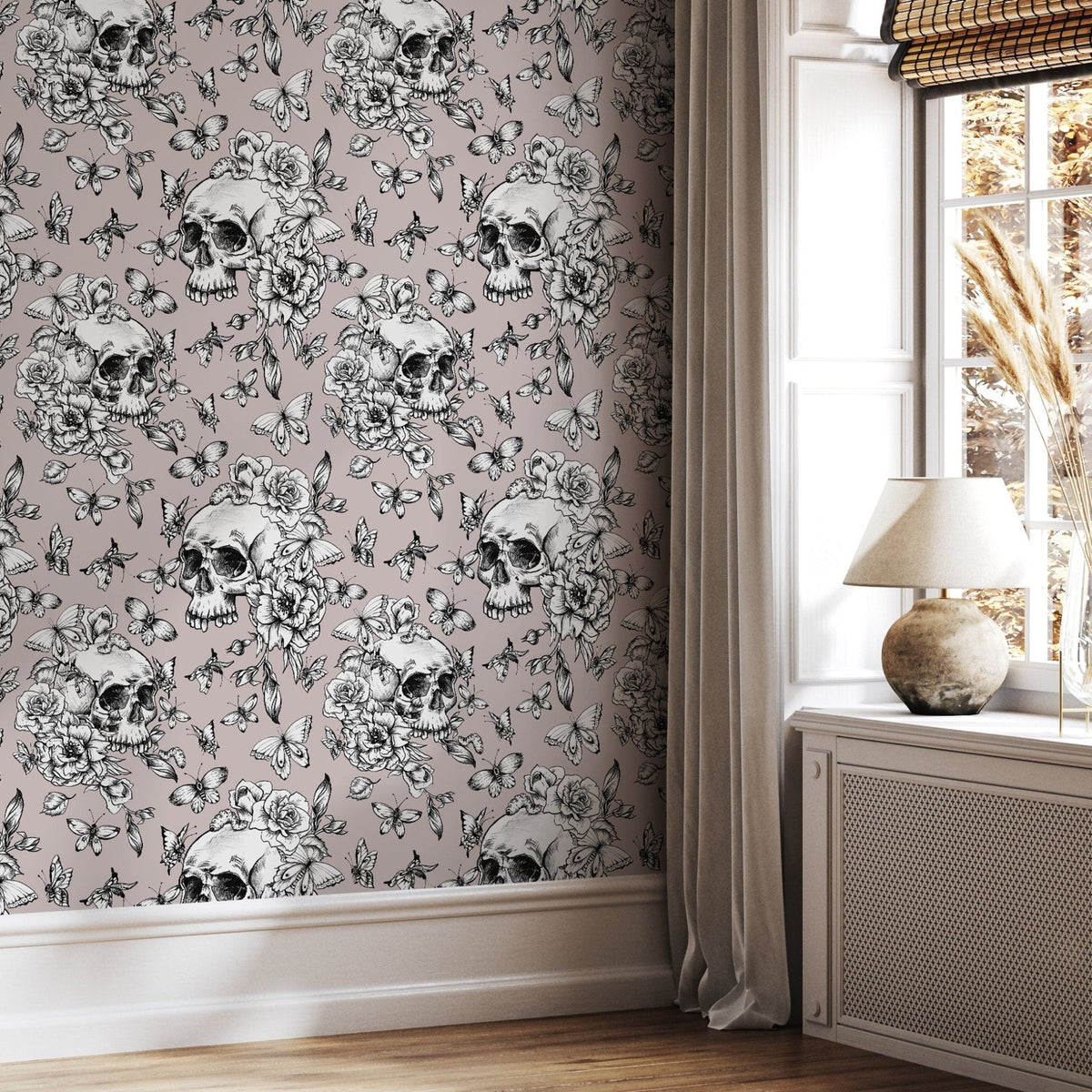Butterfly and Skull Wallpaper Vintage Floral Wallpaper Peel and Stick and Traditional Wallpaper - D928 - WallTrend