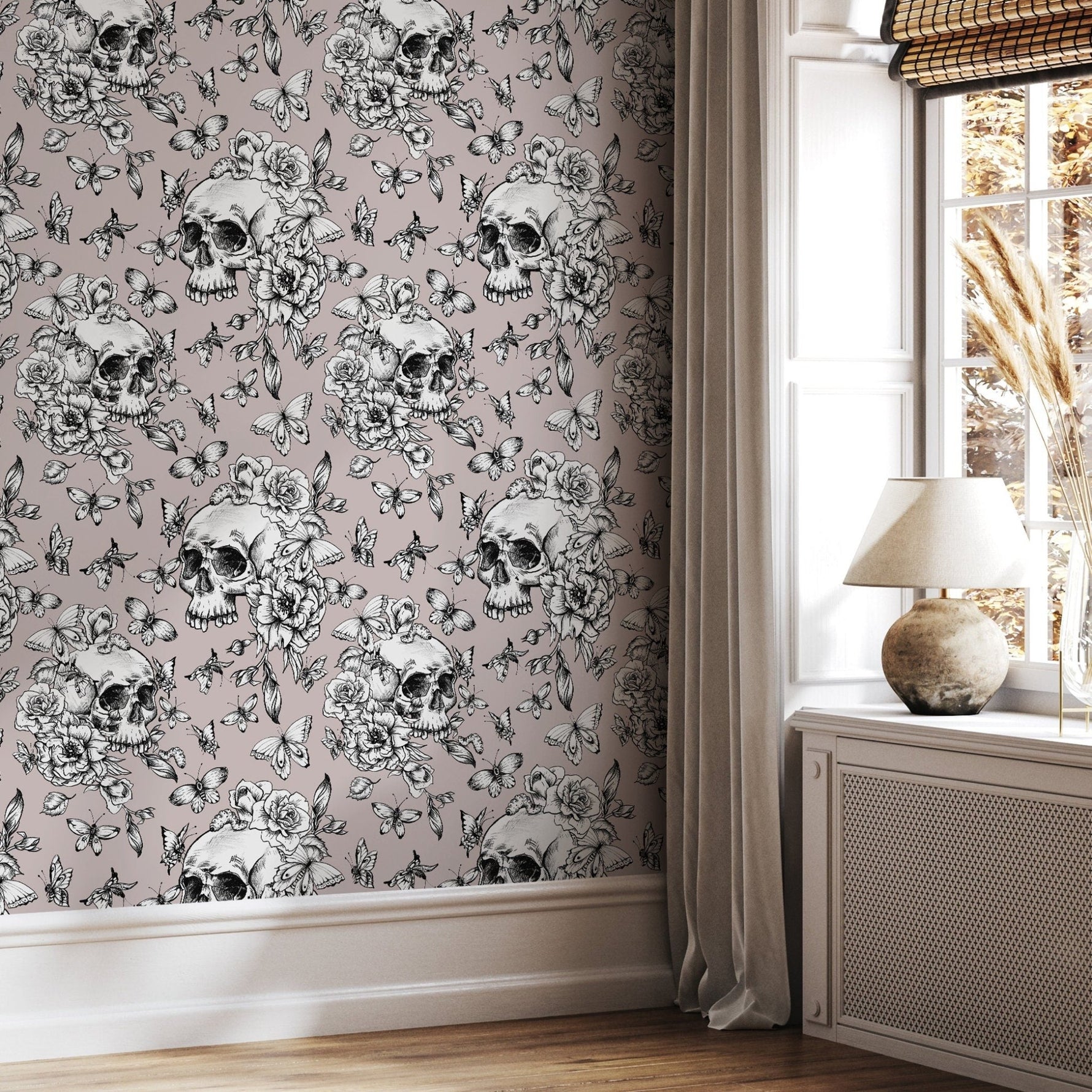 Butterfly and Skull Wallpaper Vintage Floral Wallpaper Peel and Stick and Traditional Wallpaper - D928 - WallTrend