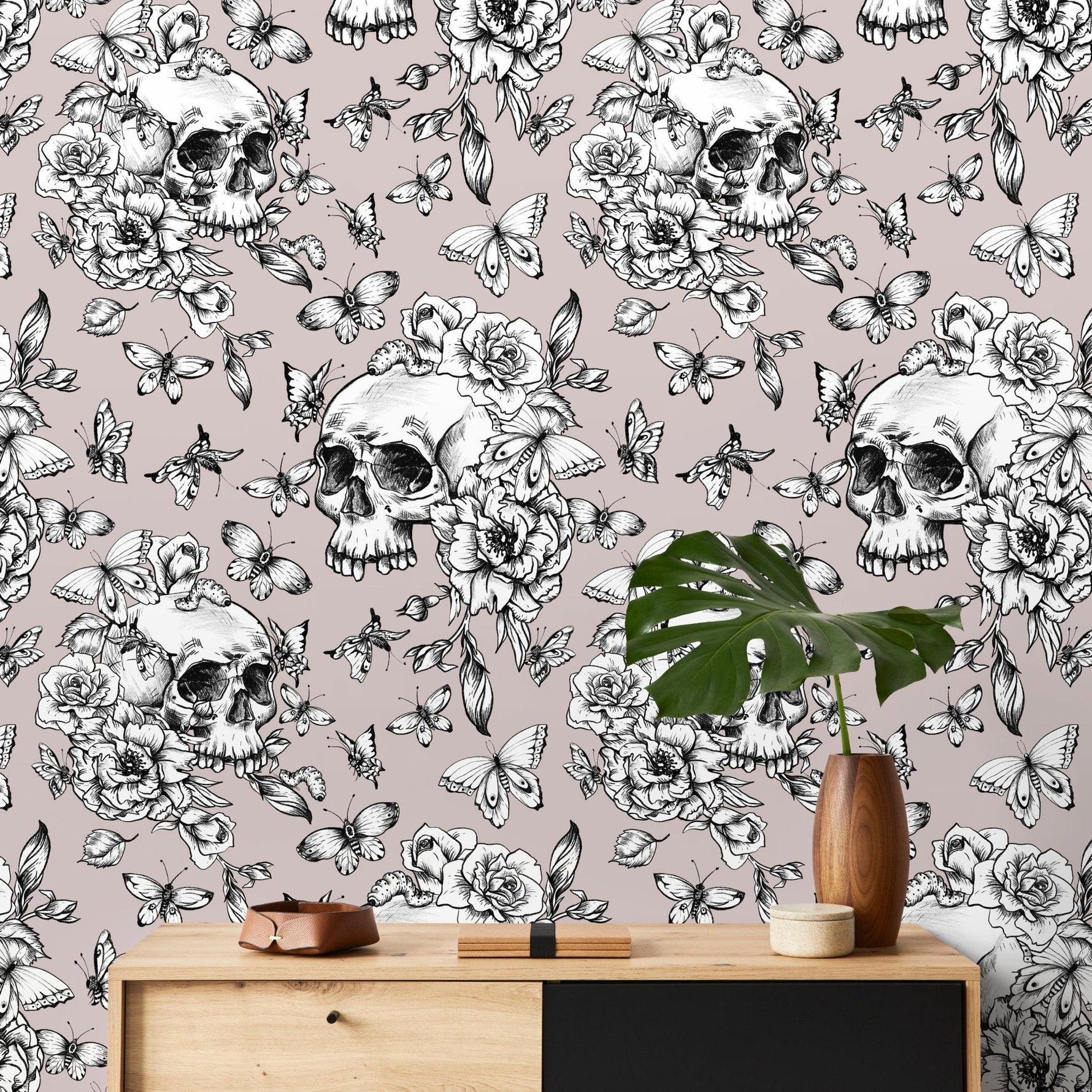 Butterfly and Skull Wallpaper Vintage Floral Wallpaper Peel and Stick and Traditional Wallpaper - D928 - WallTrend
