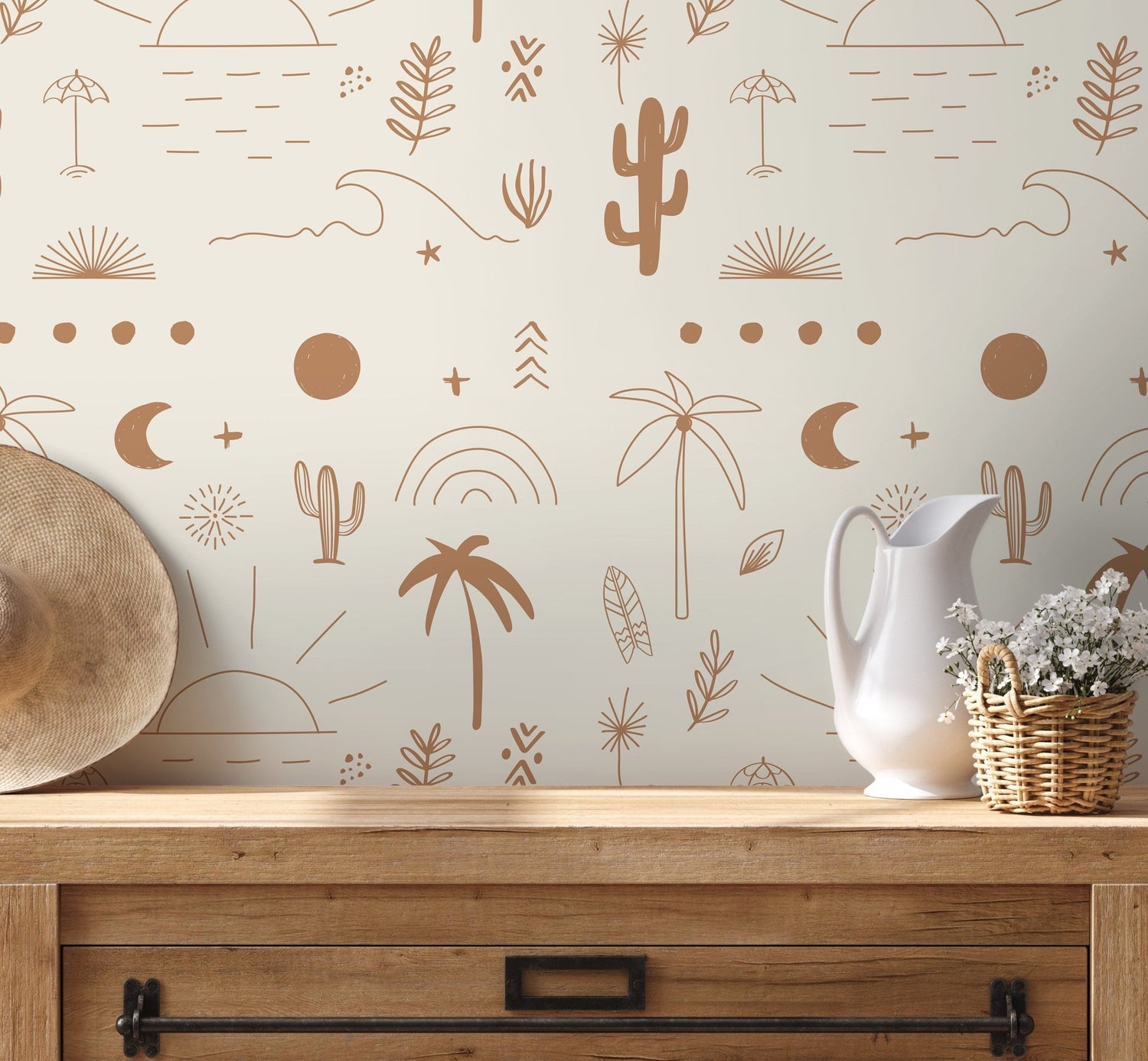 California Wallpaper Boho Minimalist Beach Cactus Peel and Stick Removable and Repositionable or Traditional Pre - pasted Wallpaper - ZABY - WallTrend