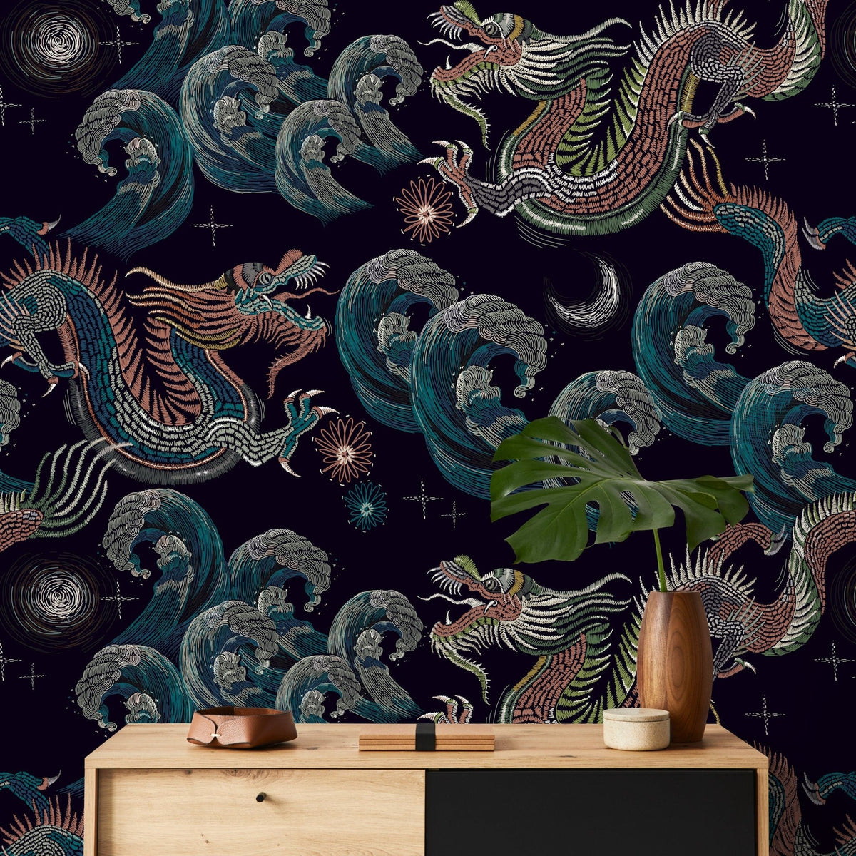 Celestial Chinoiserie Wallpaper Vintage Dragon Wallpaper Peel and Stick and Traditional Wallpaper - D878 - WallTrend