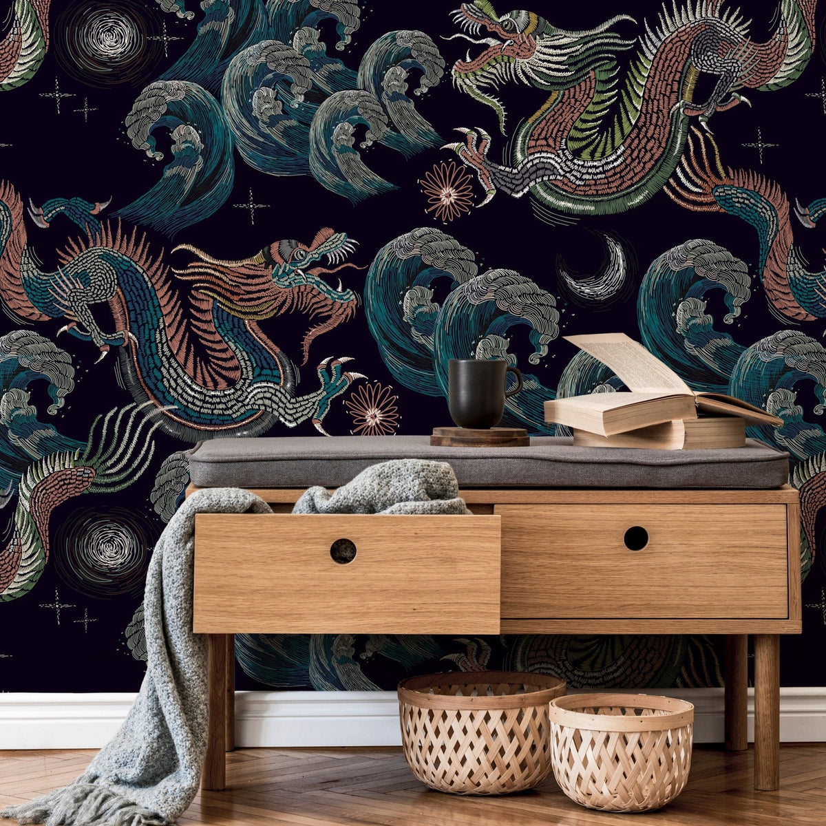 Celestial Chinoiserie Wallpaper Vintage Dragon Wallpaper Peel and Stick and Traditional Wallpaper - D878 - WallTrend