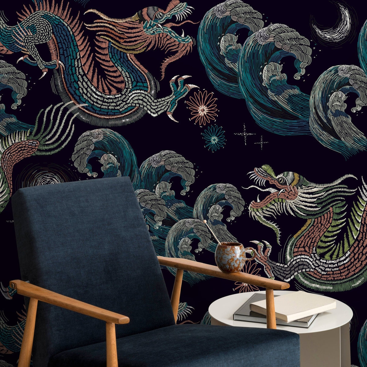 Celestial Chinoiserie Wallpaper Vintage Dragon Wallpaper Peel and Stick and Traditional Wallpaper - D878 - WallTrend