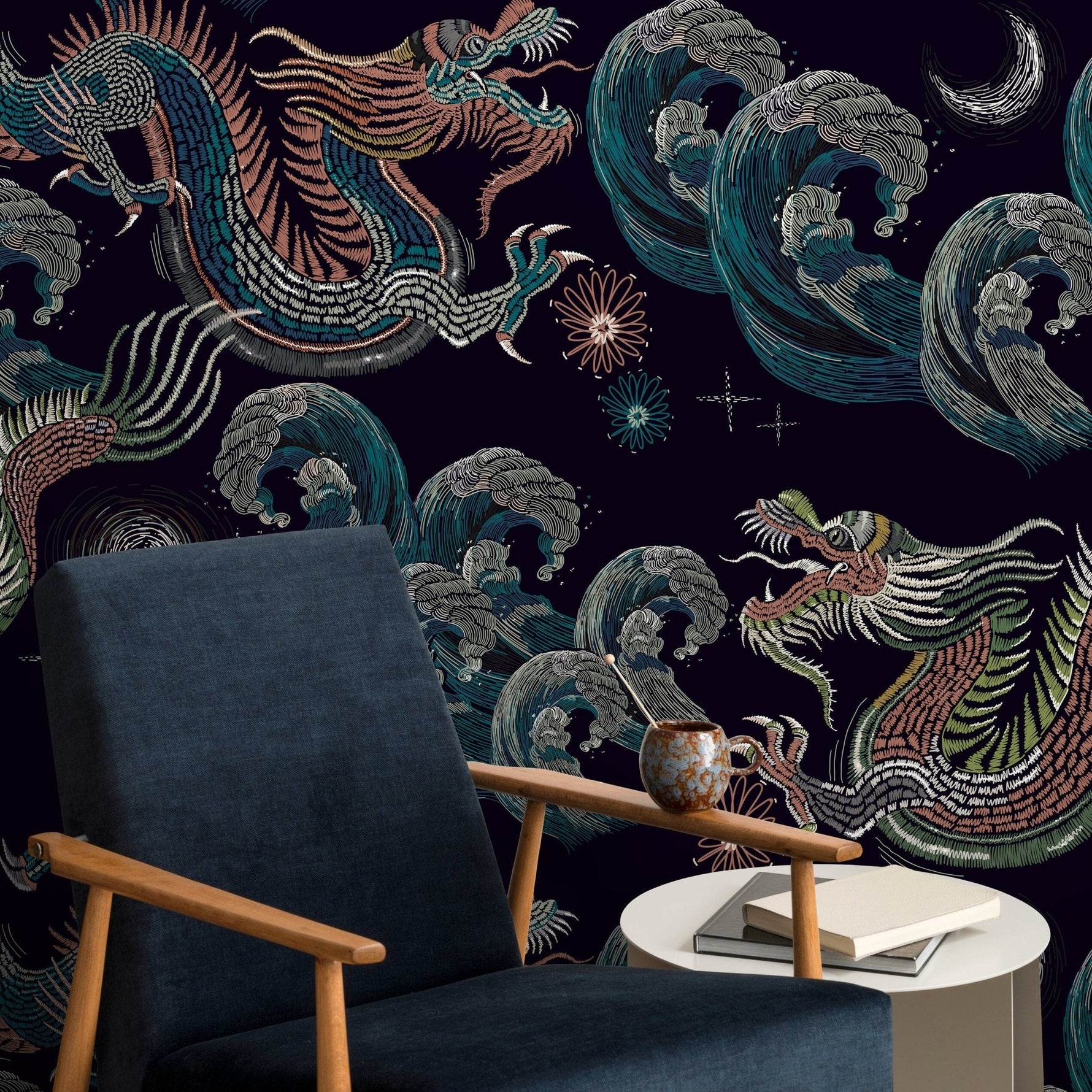Celestial Chinoiserie Wallpaper Vintage Dragon Wallpaper Peel and Stick and Traditional Wallpaper - D878 - WallTrend