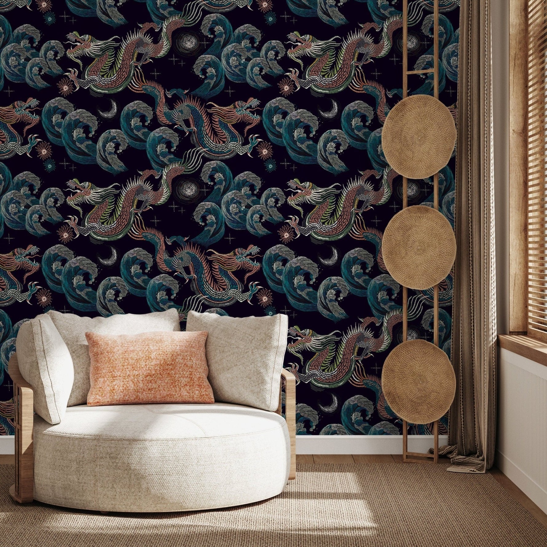 Celestial Chinoiserie Wallpaper Vintage Dragon Wallpaper Peel and Stick and Traditional Wallpaper - D878 - WallTrend