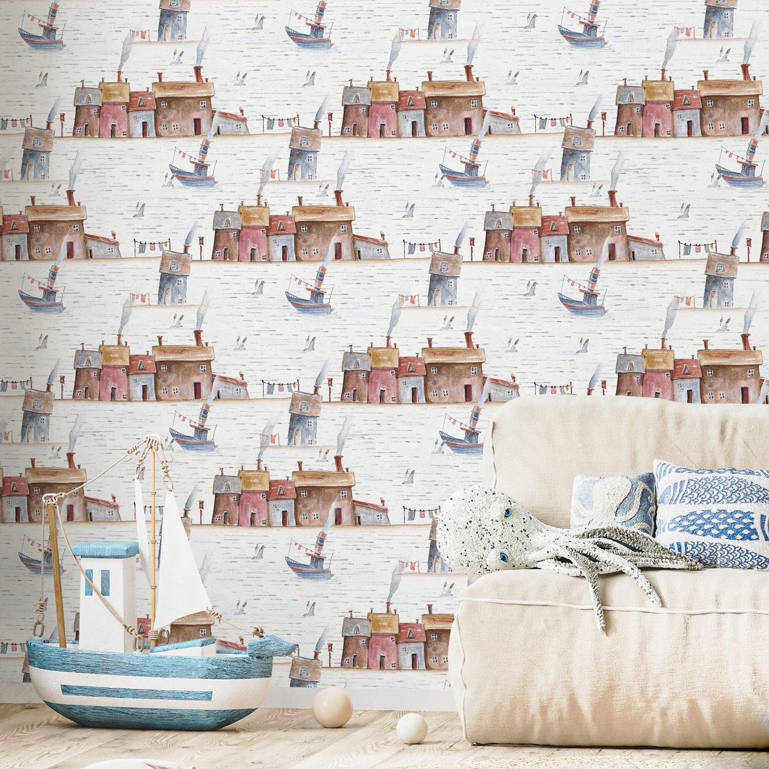 Charming Coastal Village Wallpaper - A376 - WallTrend