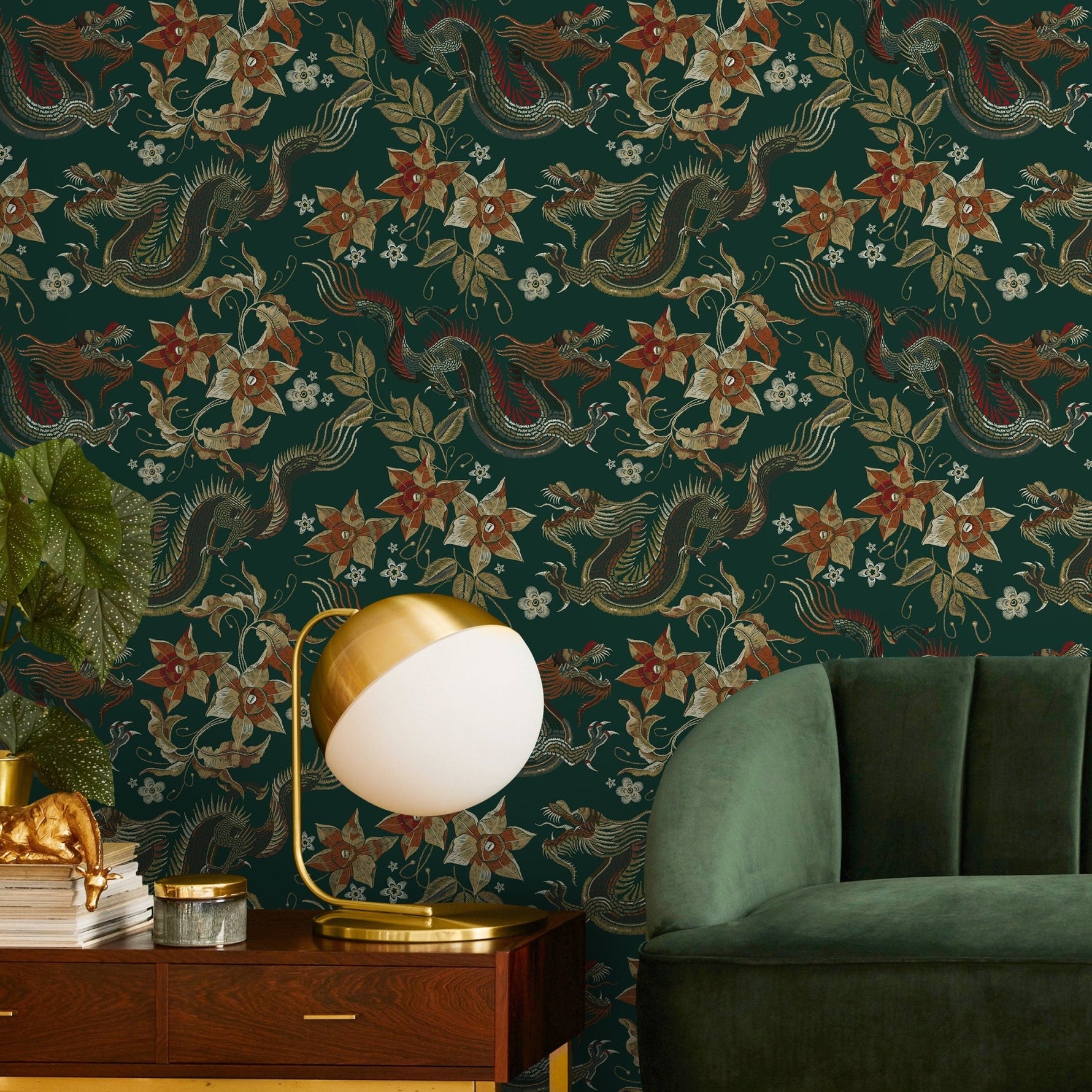 Chinoiserie Wallpaper Floral Dark Green Wallpaper Peel and Stick and Traditional Wallpaper - D873 - WallTrend