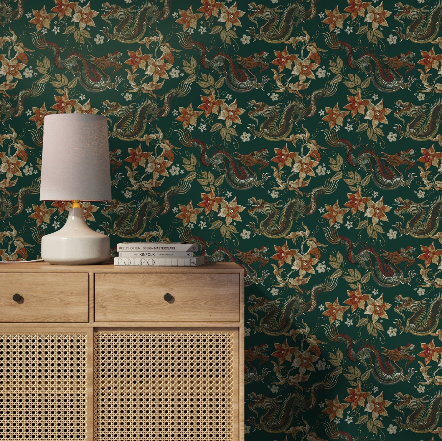 Chinoiserie Wallpaper Floral Dark Green Wallpaper Peel and Stick and Traditional Wallpaper - D873 - WallTrend