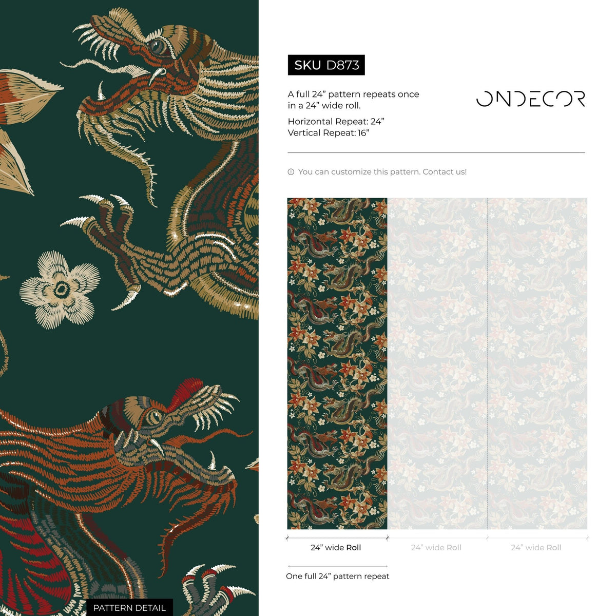 Chinoiserie Wallpaper Floral Dark Green Wallpaper Peel and Stick and Traditional Wallpaper - D873 - WallTrend