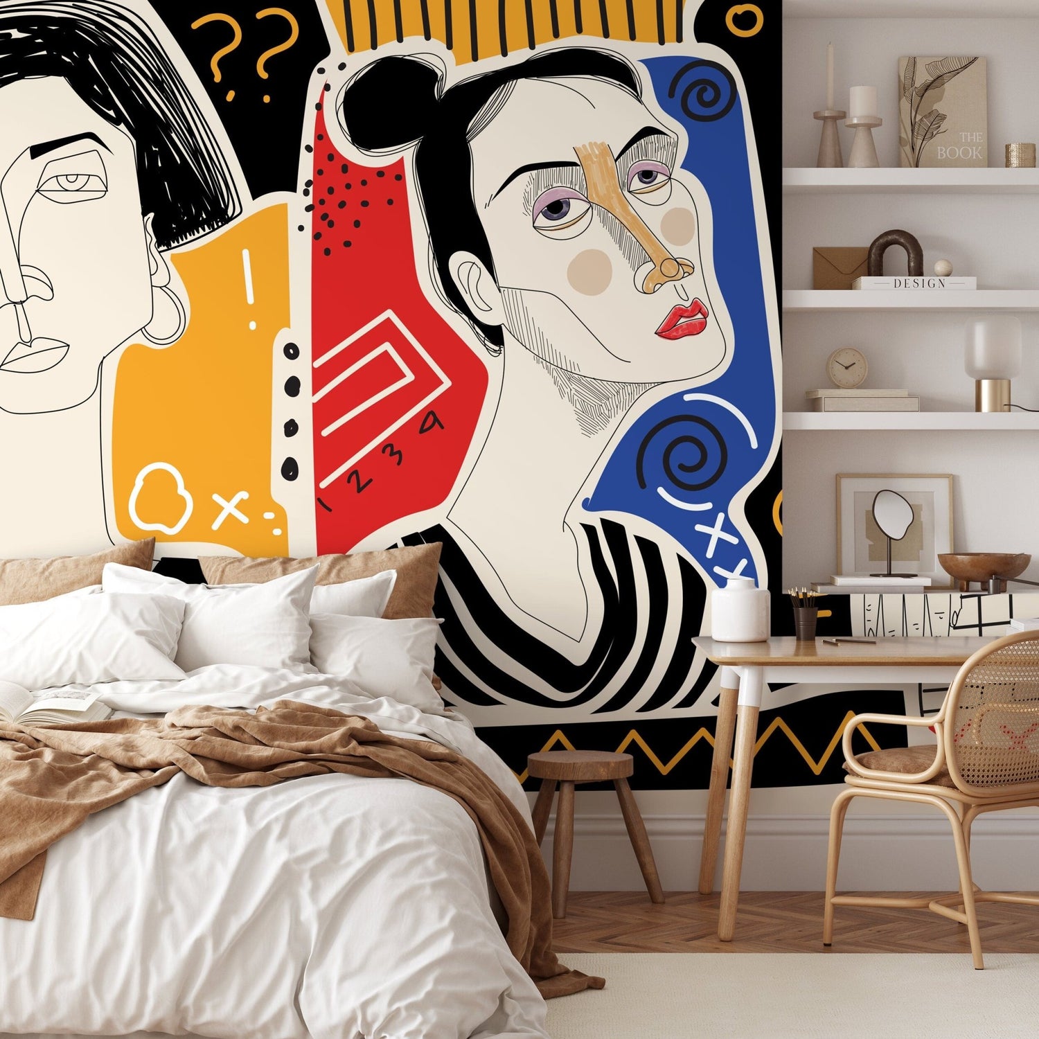 Colorful Abstract Mural Modern Wallpaper Woman Faces Hand Drawing Wallpaper Peel and Stick Wallpaper Home Decor - D579 - WallTrend