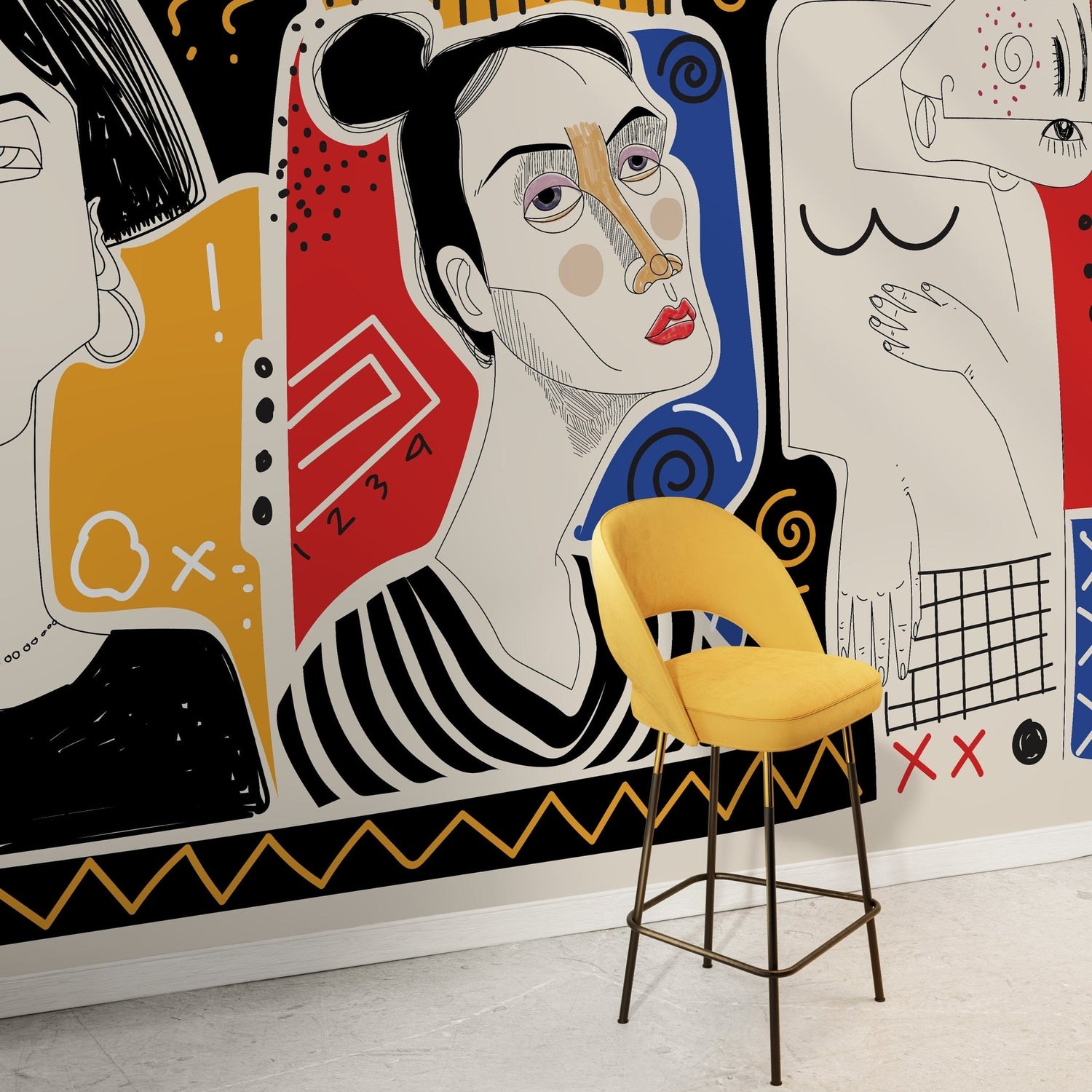 Colorful Abstract Mural Modern Wallpaper Woman Faces Hand Drawing Wallpaper Peel and Stick Wallpaper Home Decor - D579 - WallTrend