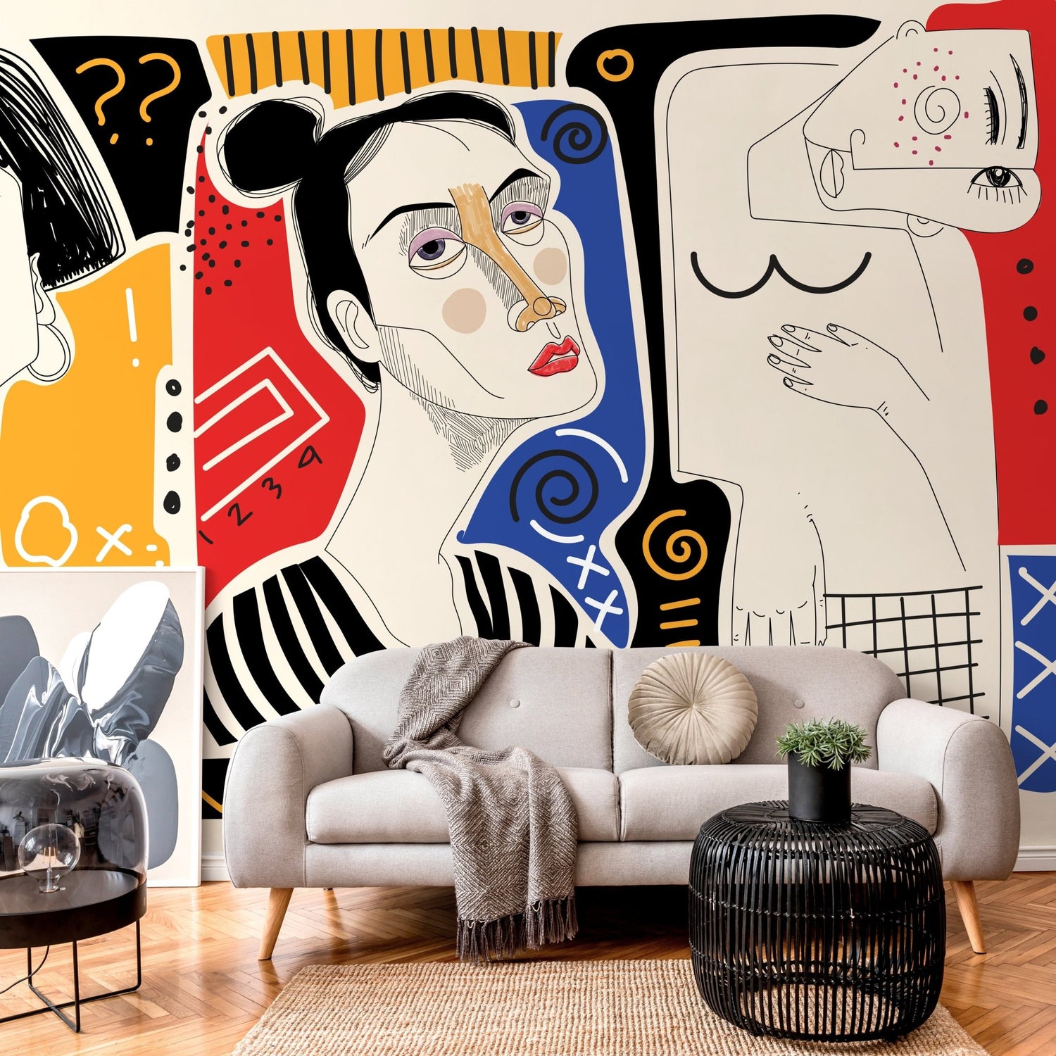 Colorful Abstract Mural Modern Wallpaper Woman Faces Hand Drawing Wallpaper Peel and Stick Wallpaper Home Decor - D579 - WallTrend