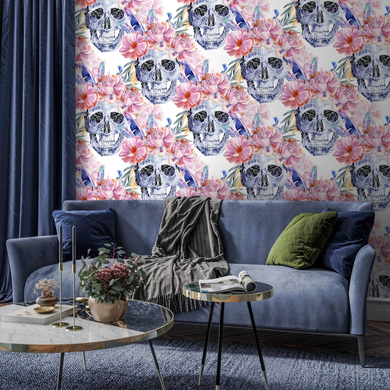 Colorful Floral Wallpaper Roses and Skulls Wallpaper Peel and Stick and Traditional Wallpaper - D924 - WallTrend