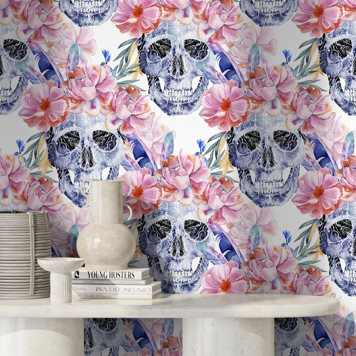 Colorful Floral Wallpaper Roses and Skulls Wallpaper Peel and Stick and Traditional Wallpaper - D924 - WallTrend
