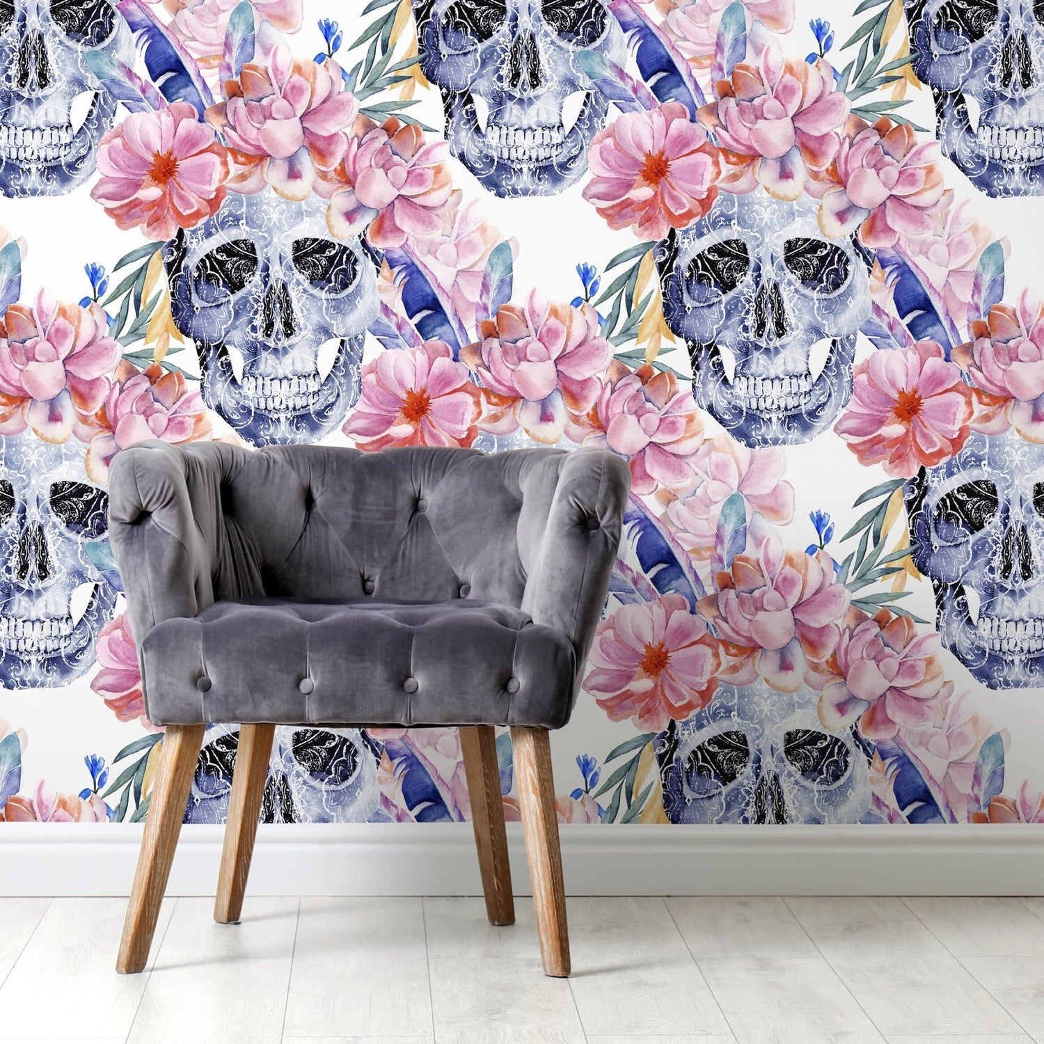 Colorful Floral Wallpaper Roses and Skulls Wallpaper Peel and Stick and Traditional Wallpaper - D924 - WallTrend