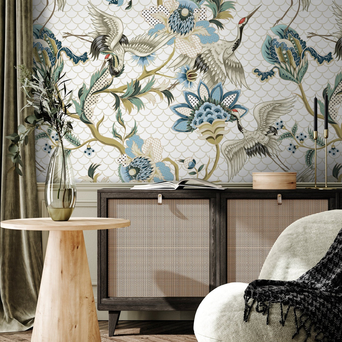 Crane and Floral Elegance Wallpaper - A908 - WallTrend