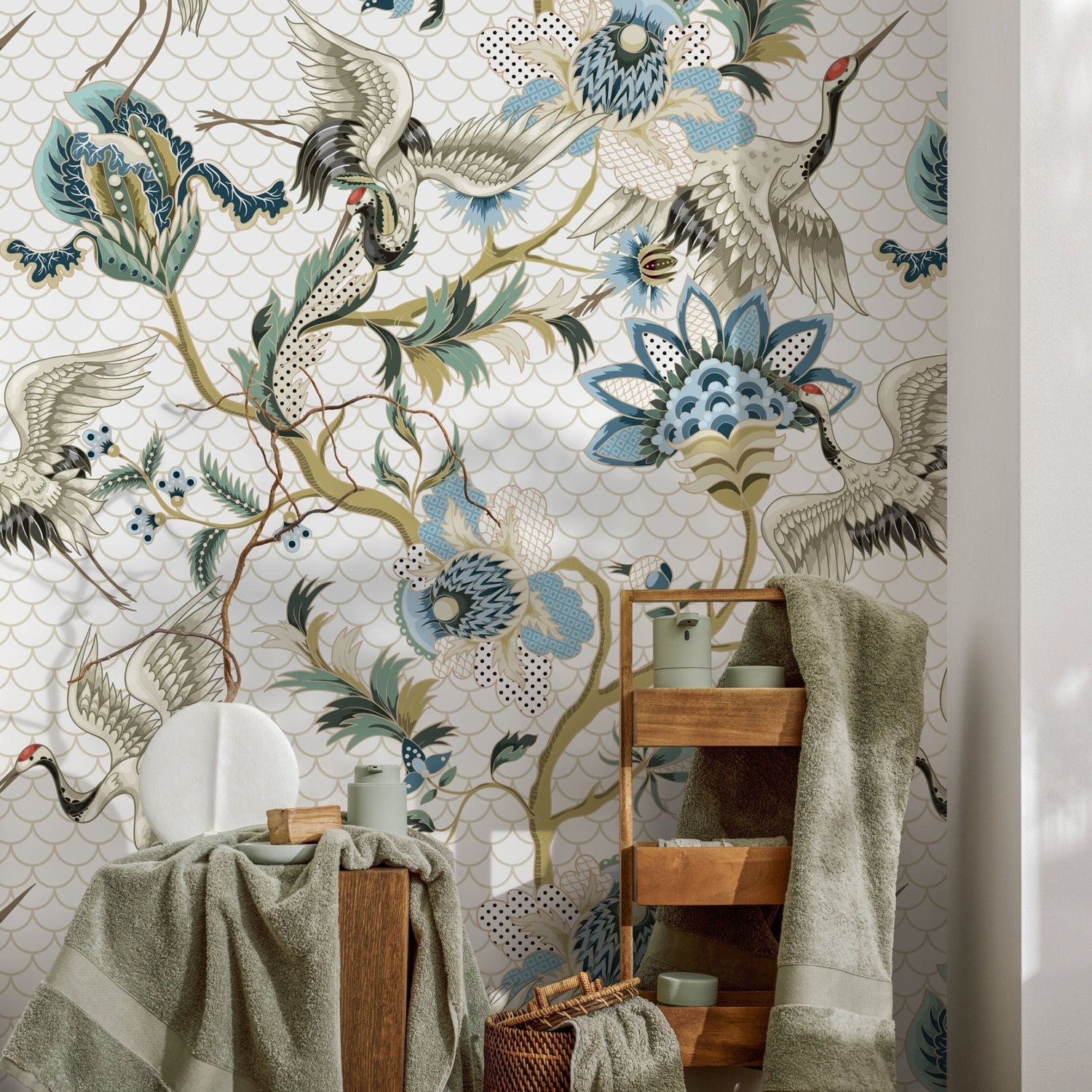 Crane and Floral Elegance Wallpaper - A908 - WallTrend