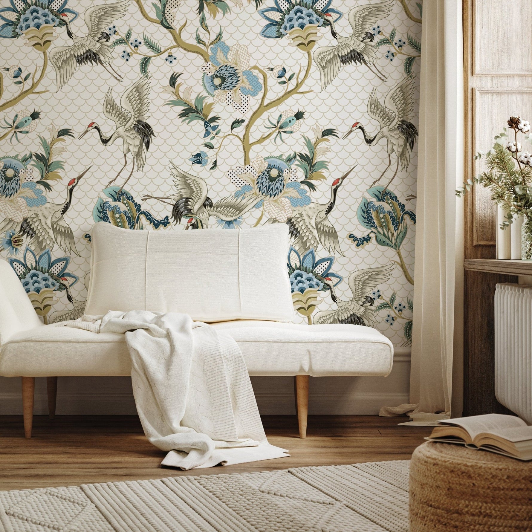 Crane and Floral Elegance Wallpaper - A908 - WallTrend