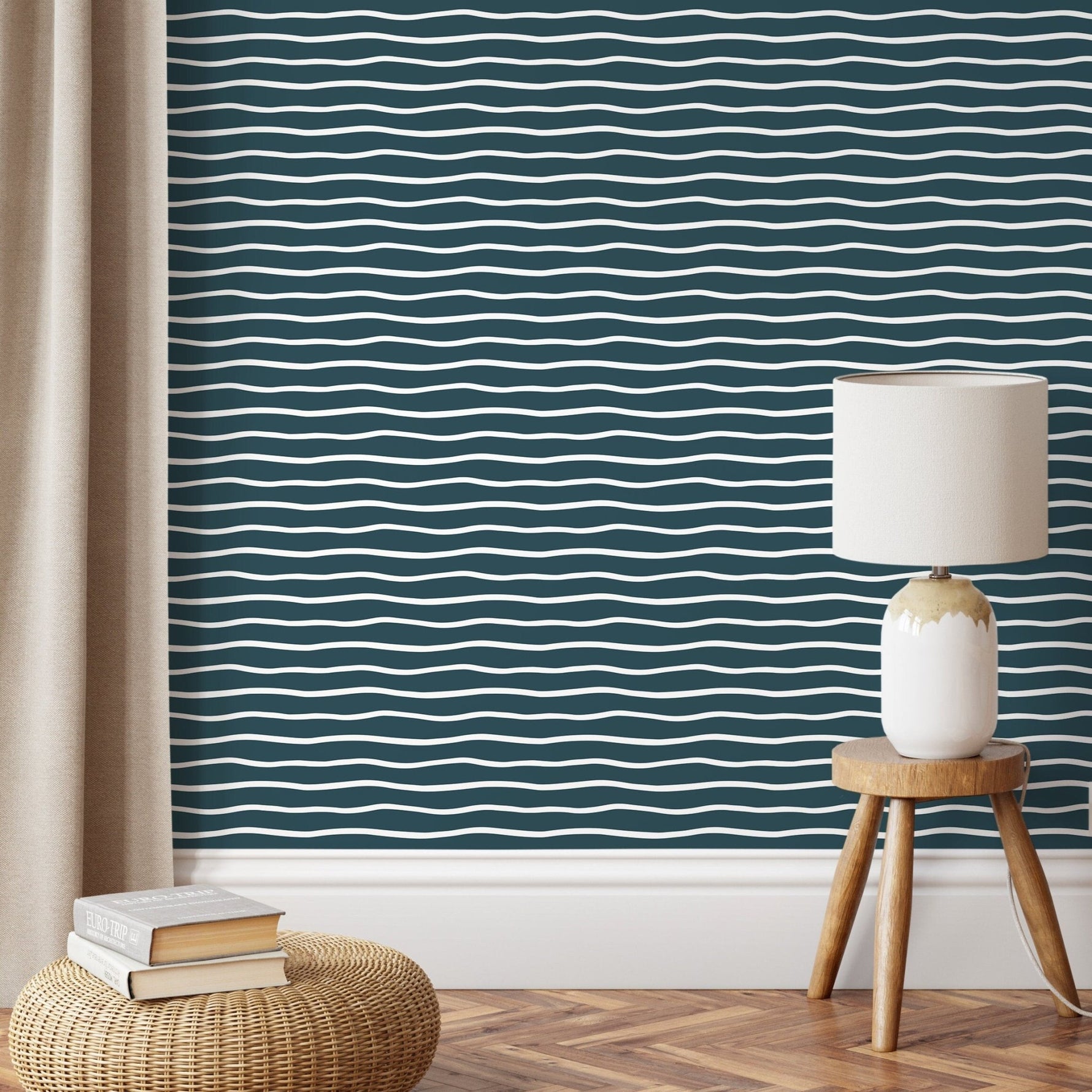 Dark Blue Minimalist Lines Wallpaper Boho Wallpaper Peel and Stick and Traditional Wallpaper - D751 - WallTrend