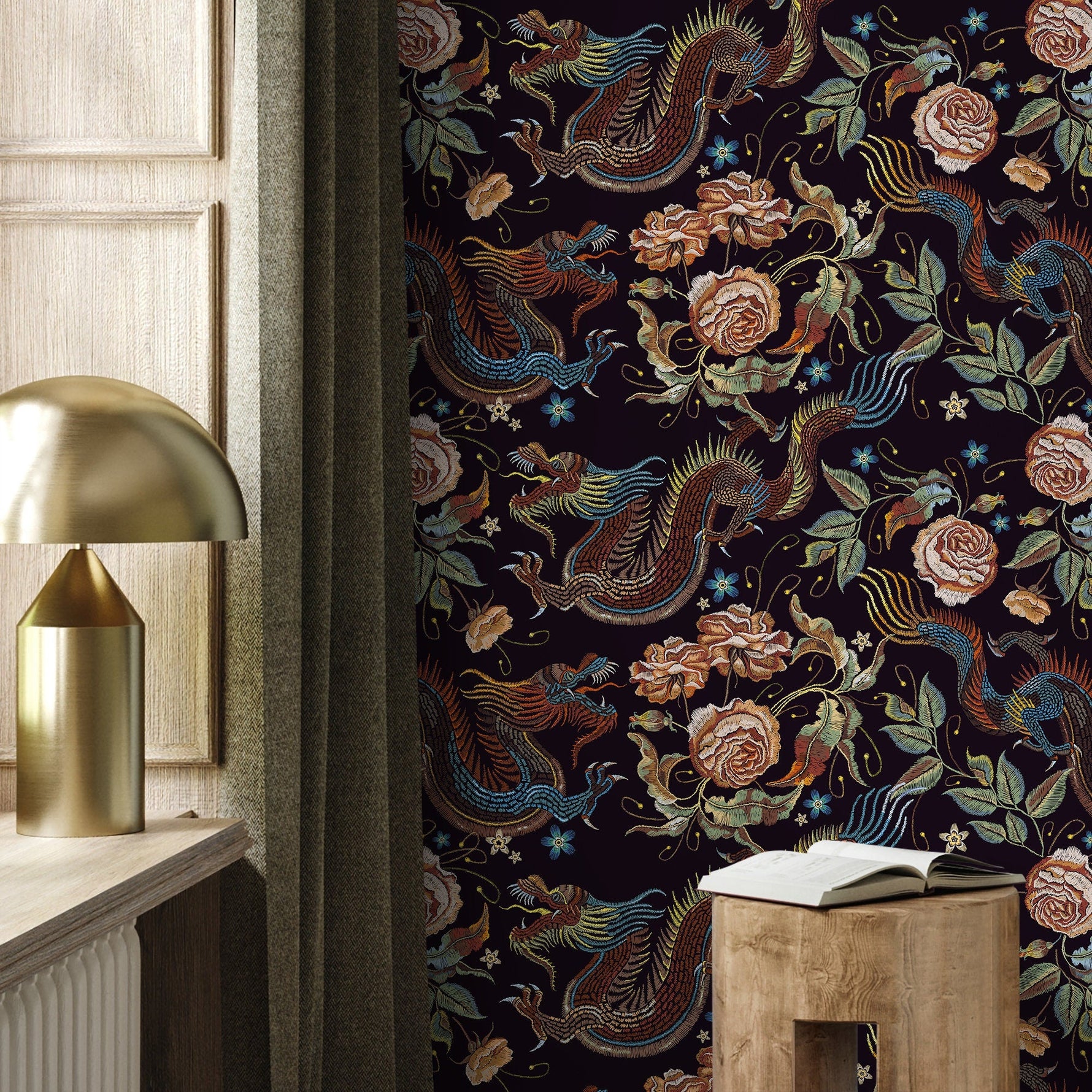 Dark Chinoiserie Wallpaper Dragon and Roses Wallpaper Peel and Stick and Traditional Wallpaper - D879 - WallTrend