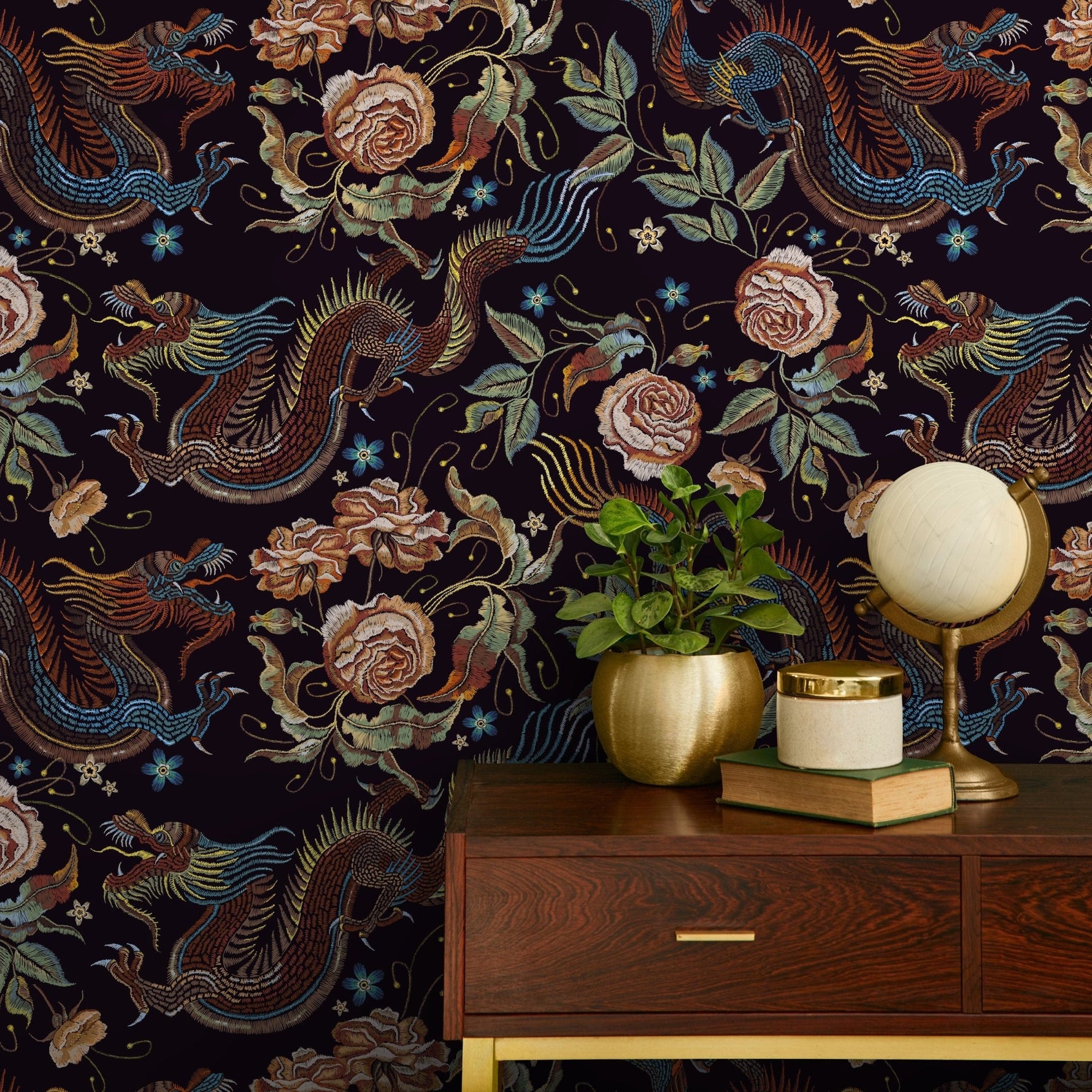 Dark Chinoiserie Wallpaper Dragon and Roses Wallpaper Peel and Stick and Traditional Wallpaper - D879 - WallTrend