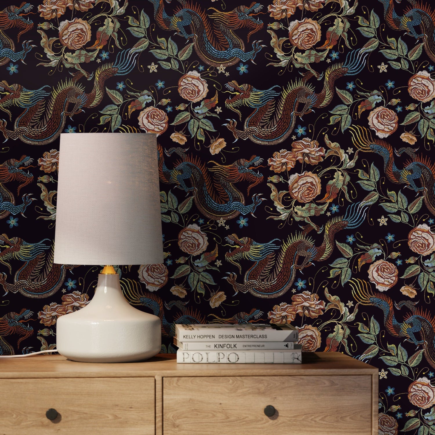 Dark Chinoiserie Wallpaper Dragon and Roses Wallpaper Peel and Stick and Traditional Wallpaper - D879 - WallTrend